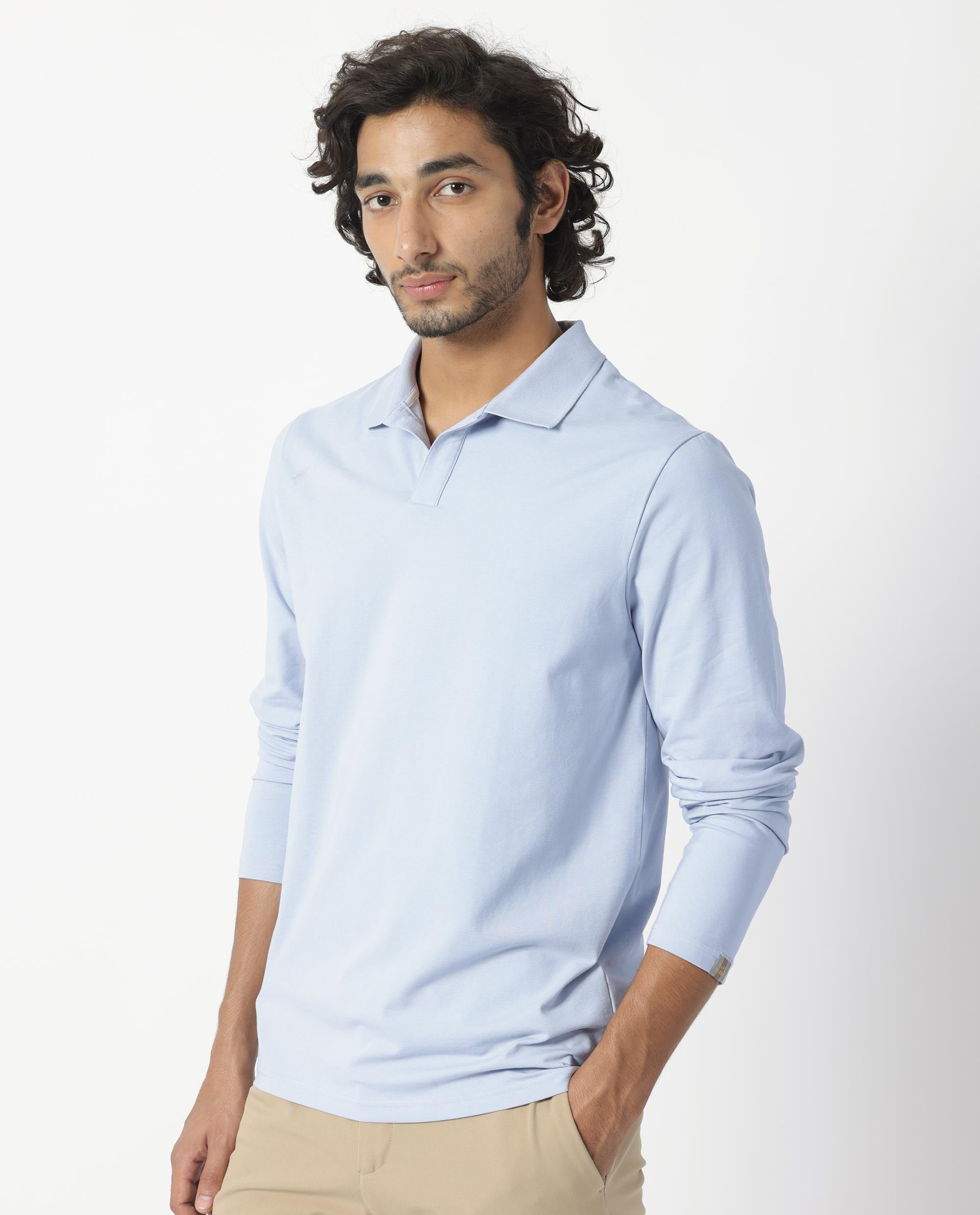 Rare Rabbit Men's Reborn-1 Light Blue Cotton Fabric Johnny Collar Full Sleeve Polo T-Shirt