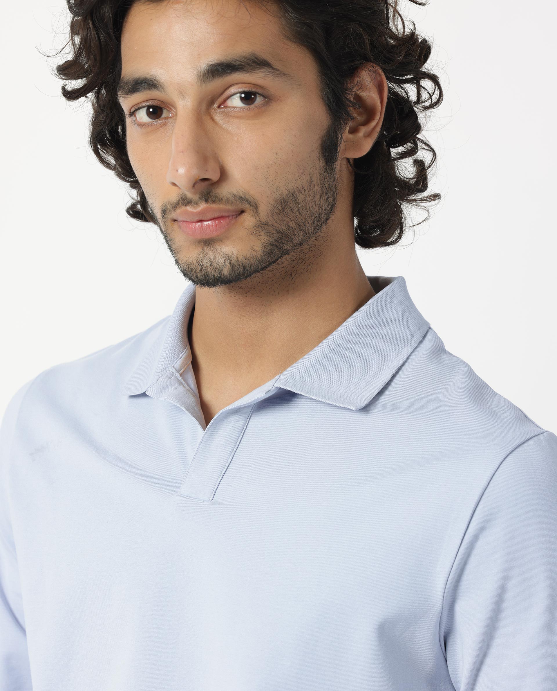 Rare Rabbit Men's Reborn-1 Light Blue Cotton Fabric Johnny Collar Full Sleeve Polo T-Shirt