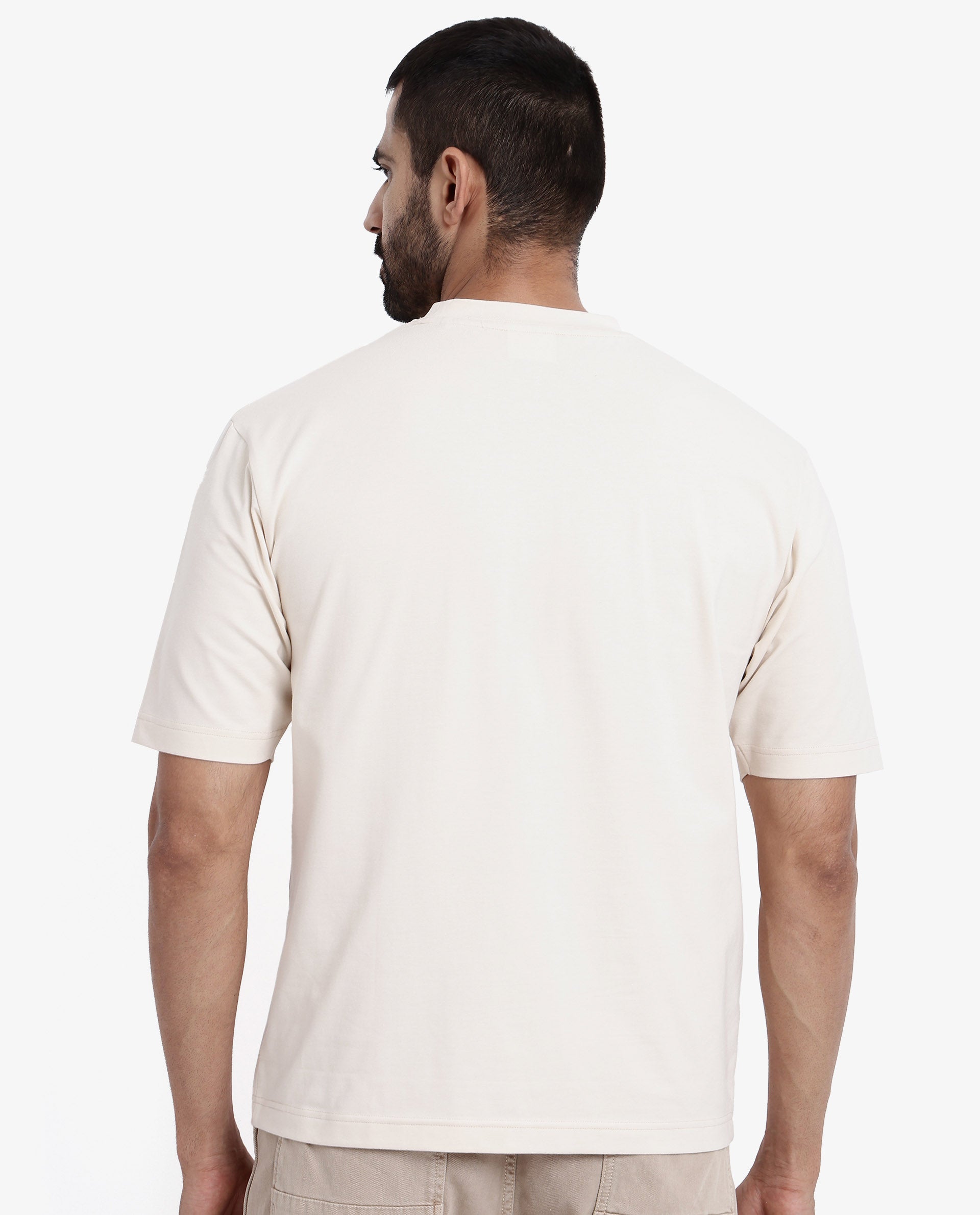 Rare Rabbit Men Reborn-T Beige Cotton Fabric Short Sleeve Crew Neck Oversized Fit Graphic Print T-Shirt