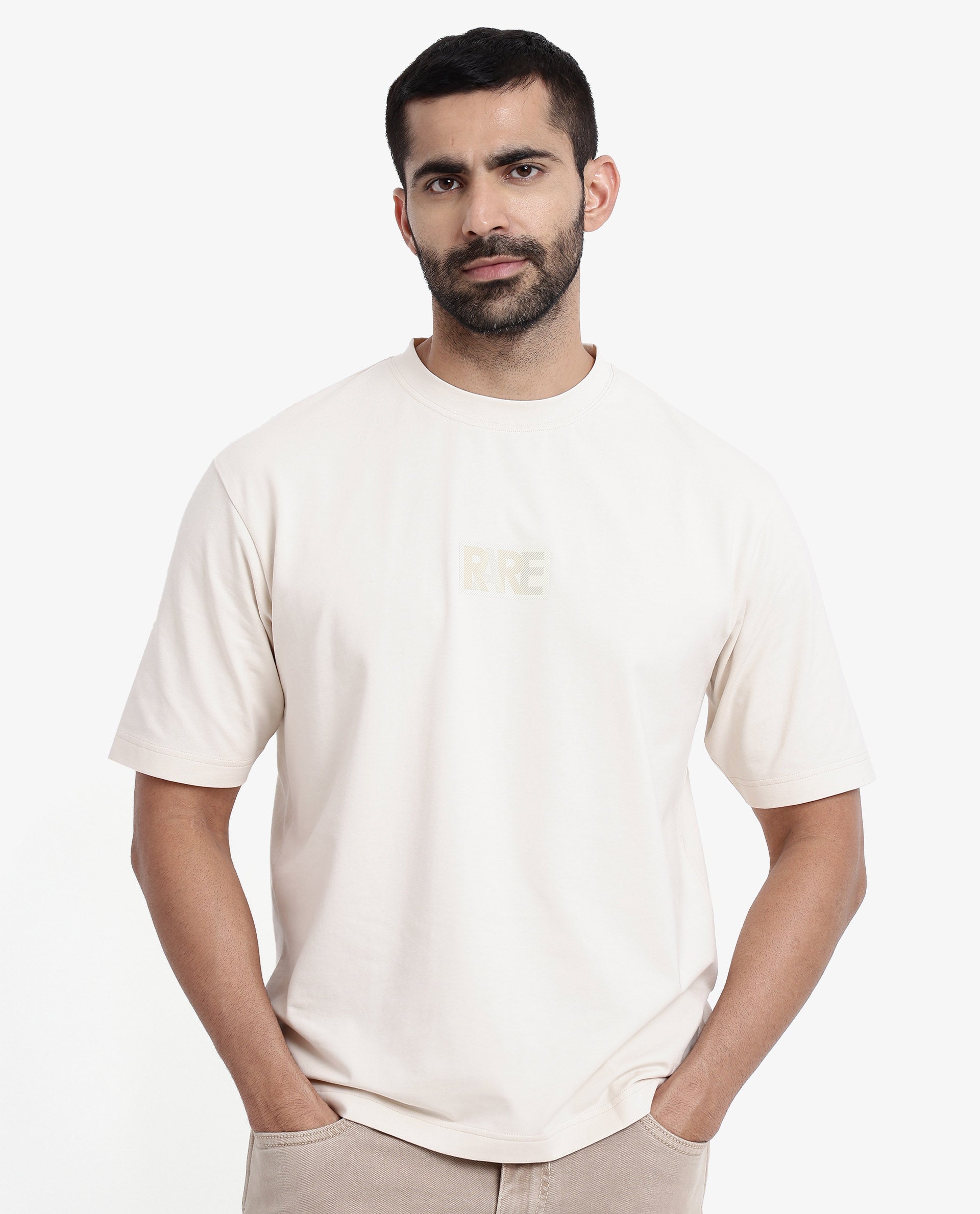 Rare Rabbit Men Reborn-T Beige Cotton Fabric Short Sleeve Crew Neck Oversized Fit Graphic Print T-Shirt