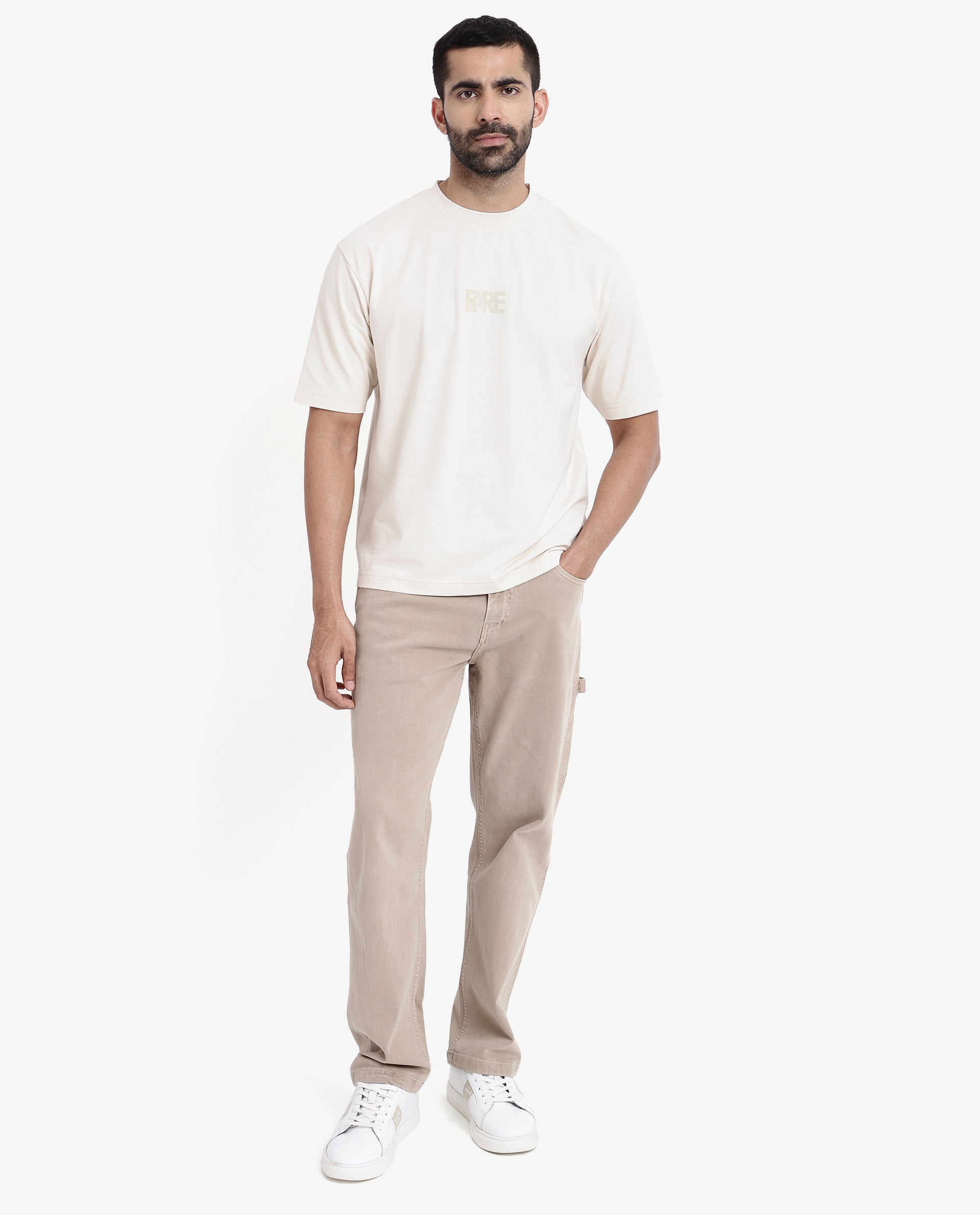 Rare Rabbit Men Reborn-T Beige Cotton Fabric Short Sleeve Crew Neck Oversized Fit Graphic Print T-Shirt