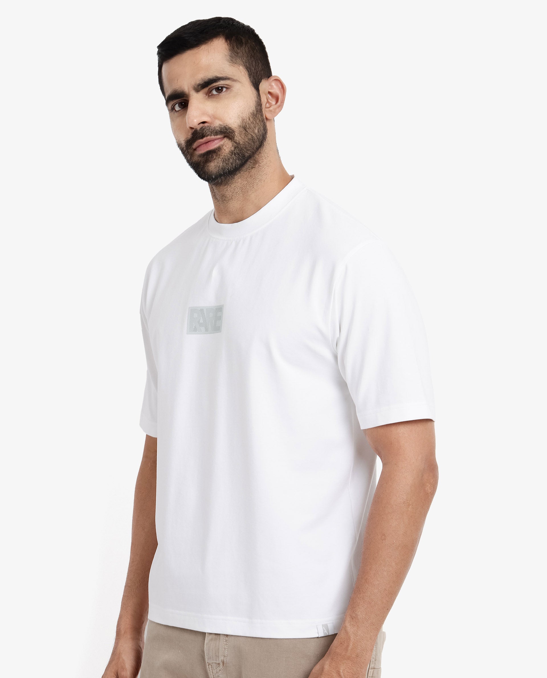 Rare Rabbit Men Reborn-T White Cotton Fabric Short Sleeve Crew Neck Oversized Fit Graphic Print T-Shirt