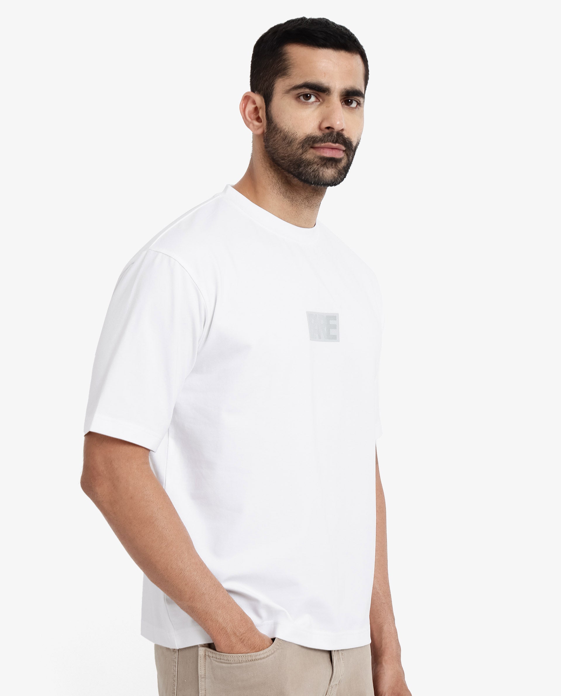 Rare Rabbit Men Reborn-T White Cotton Fabric Short Sleeve Crew Neck Oversized Fit Graphic Print T-Shirt