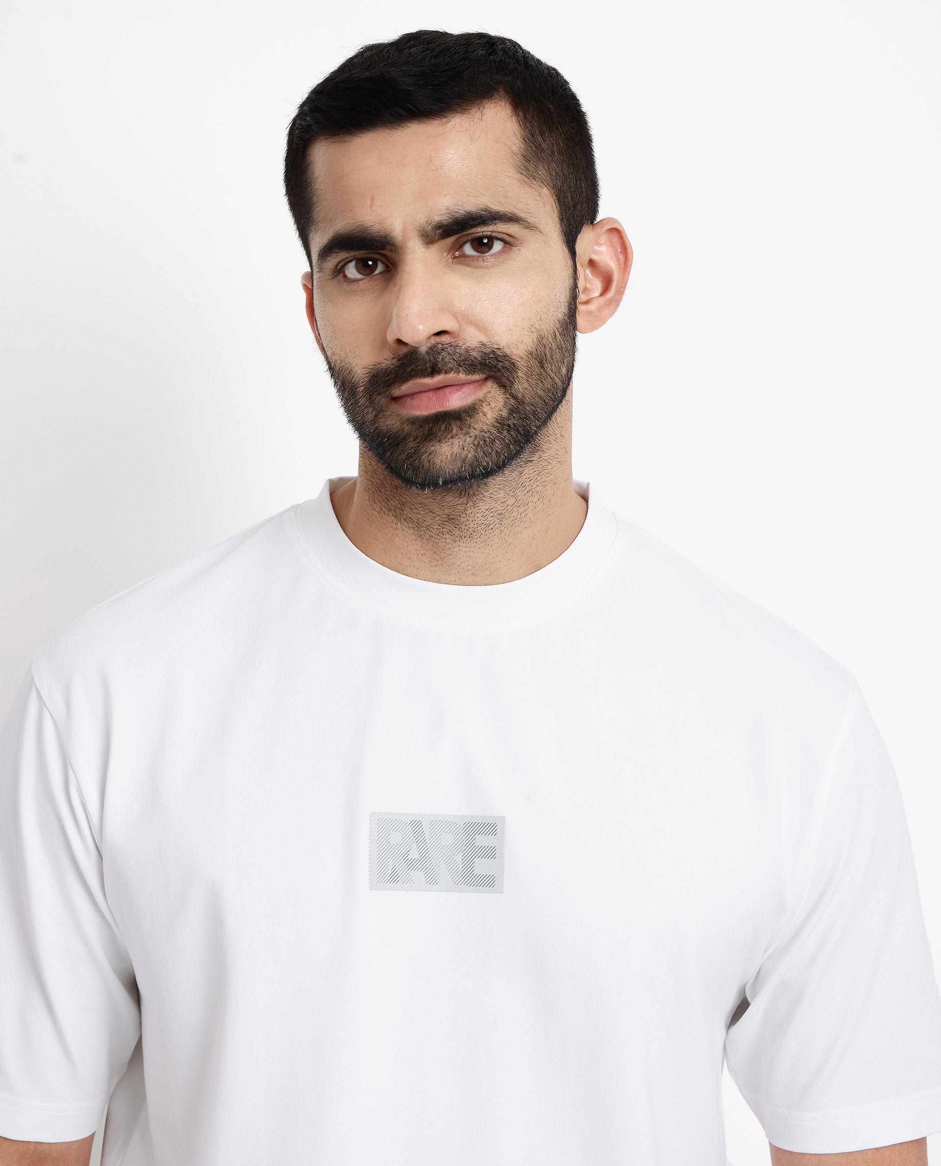 Rare Rabbit Men Reborn-T White Cotton Fabric Short Sleeve Crew Neck Oversized Fit Graphic Print T-Shirt