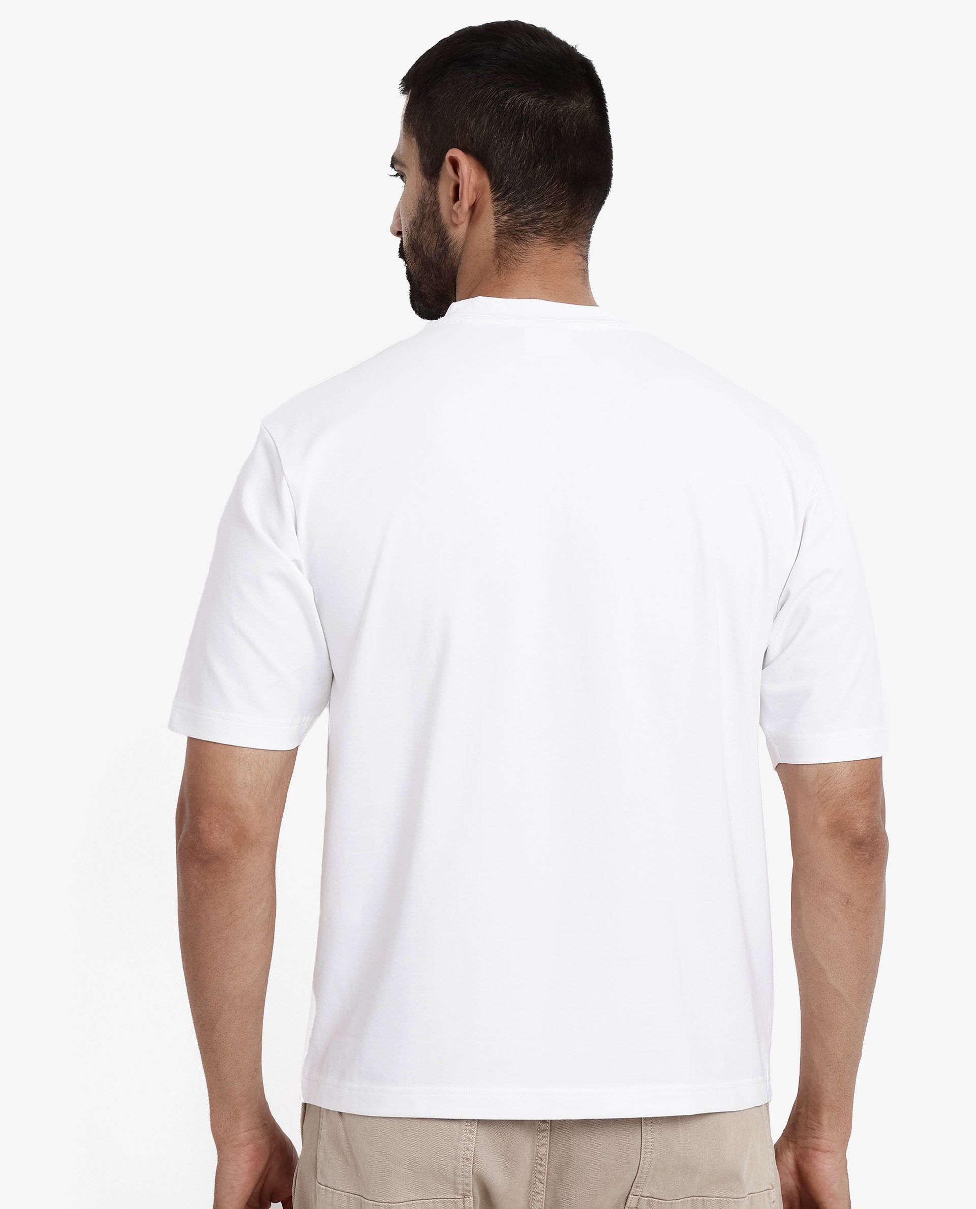 Rare Rabbit Men Reborn-T White Cotton Fabric Short Sleeve Crew Neck Oversized Fit Graphic Print T-Shirt