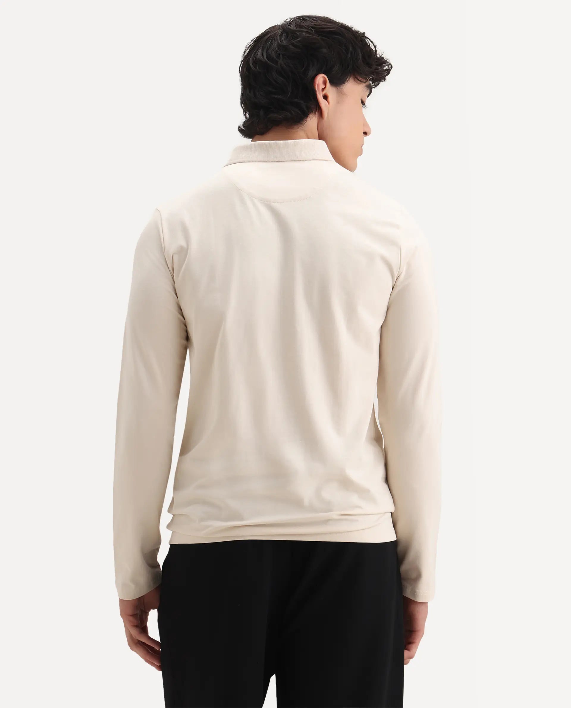 Rare Rabbit Men's Reborn-1 Off White Cotton Plain Regular Fit Full Sleeve Polo