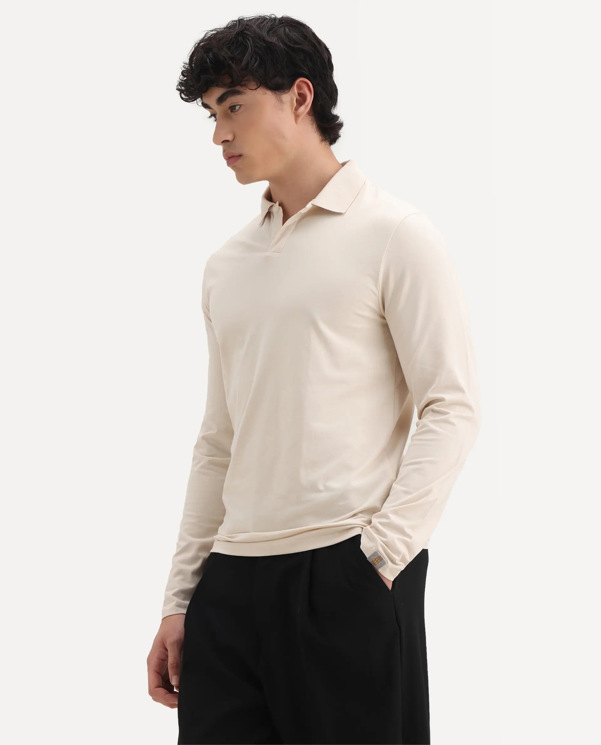Rare Rabbit Men's Reborn-1 Off White Cotton Plain Regular Fit Full Sleeve Polo