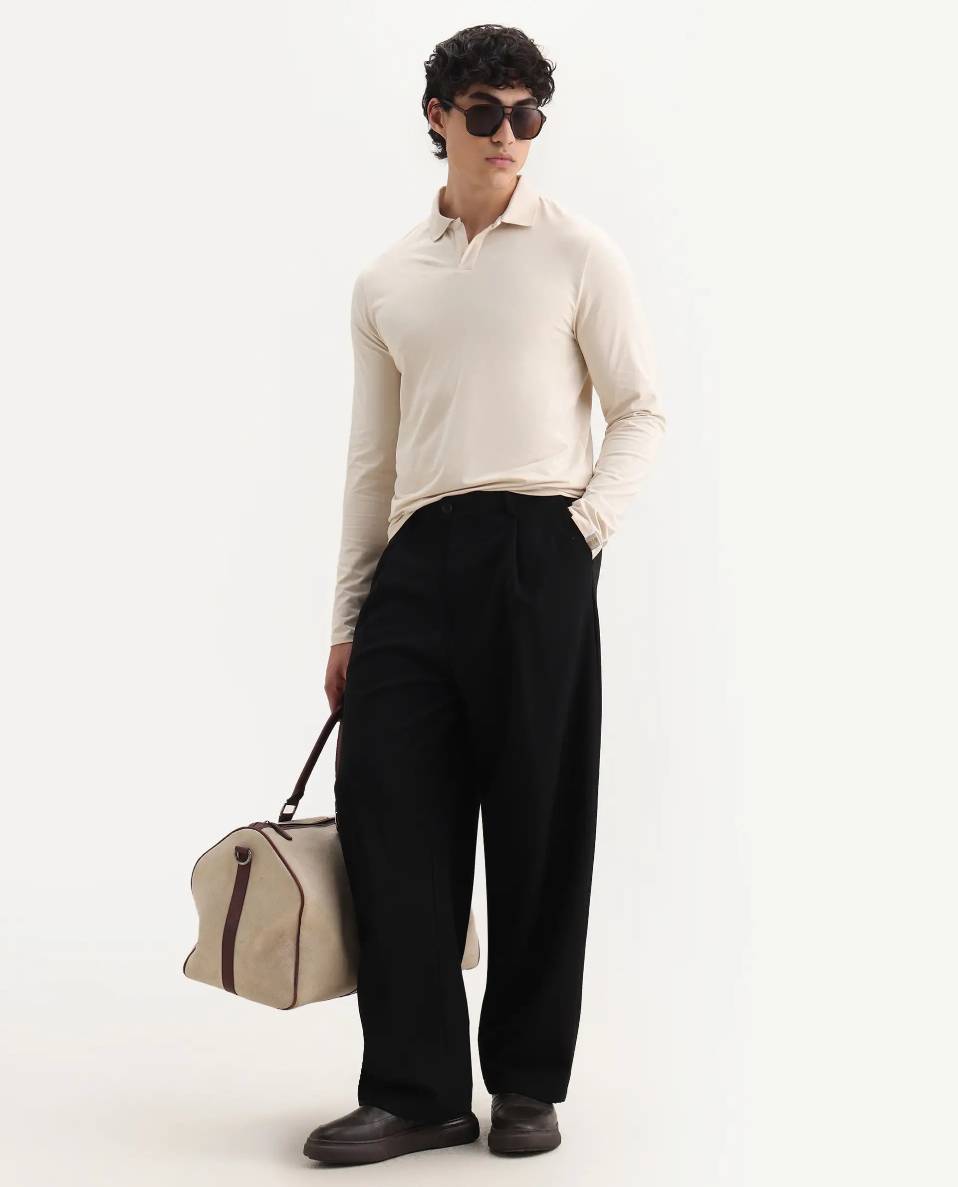 Rare Rabbit Men's Reborn-1 Off White Cotton Plain Regular Fit Full Sleeve Polo