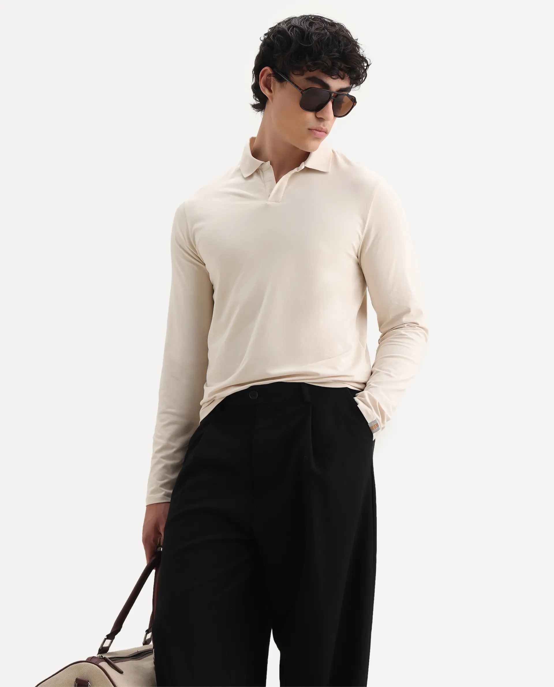 Rare Rabbit Men's Reborn-1 Off White Cotton Plain Regular Fit Full Sleeve Polo