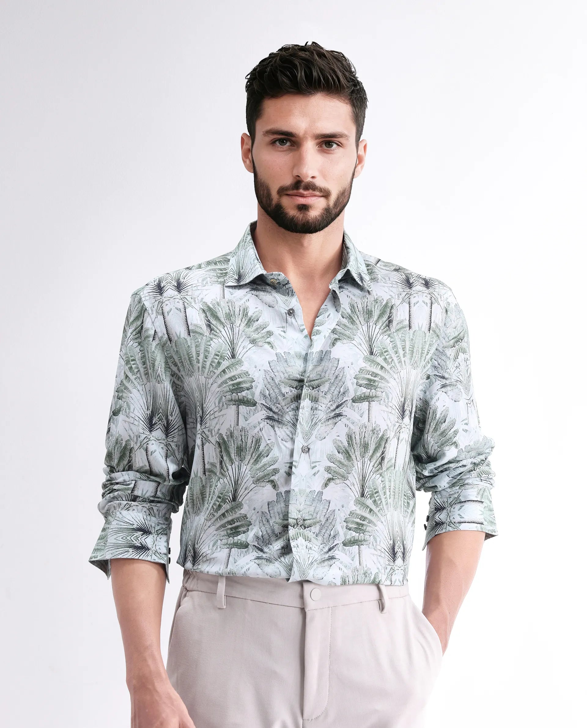 Rare Rabbit Men's Reca Light Green Viscose Abstract Print Regular Fit Full Sleeve Collared Shirt