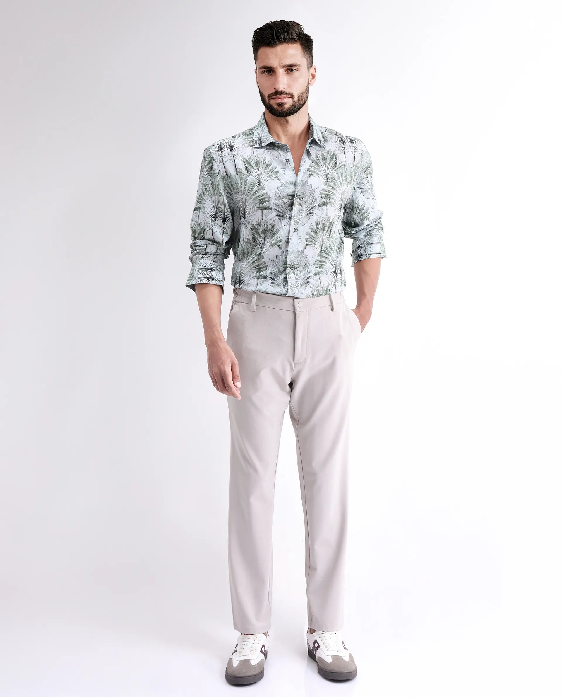 Rare Rabbit Men's Reca Light Green Viscose Abstract Print Regular Fit Full Sleeve Collared Shirt