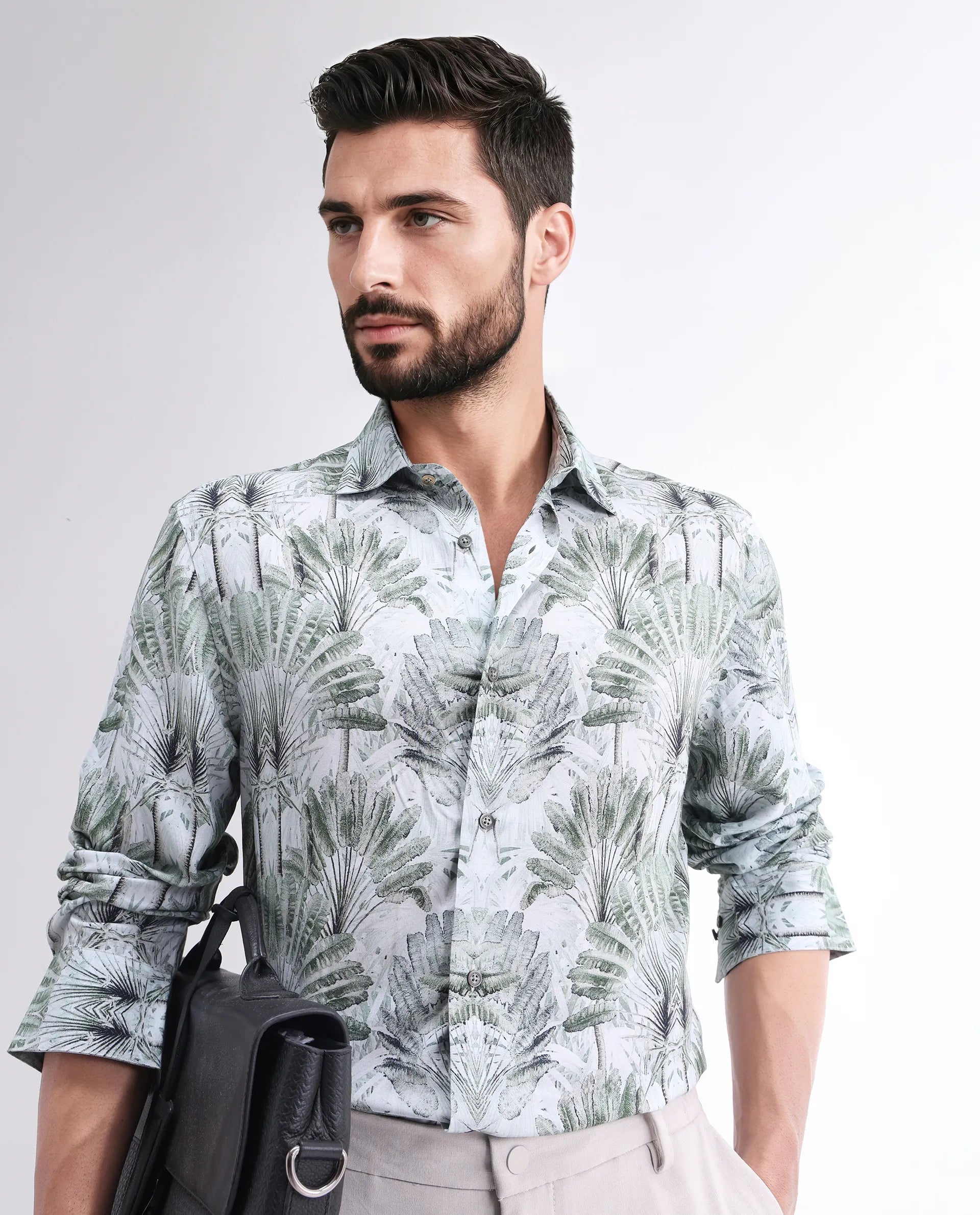 Rare Rabbit Men's Reca Light Green Viscose Abstract Print Regular Fit Full Sleeve Collared Shirt