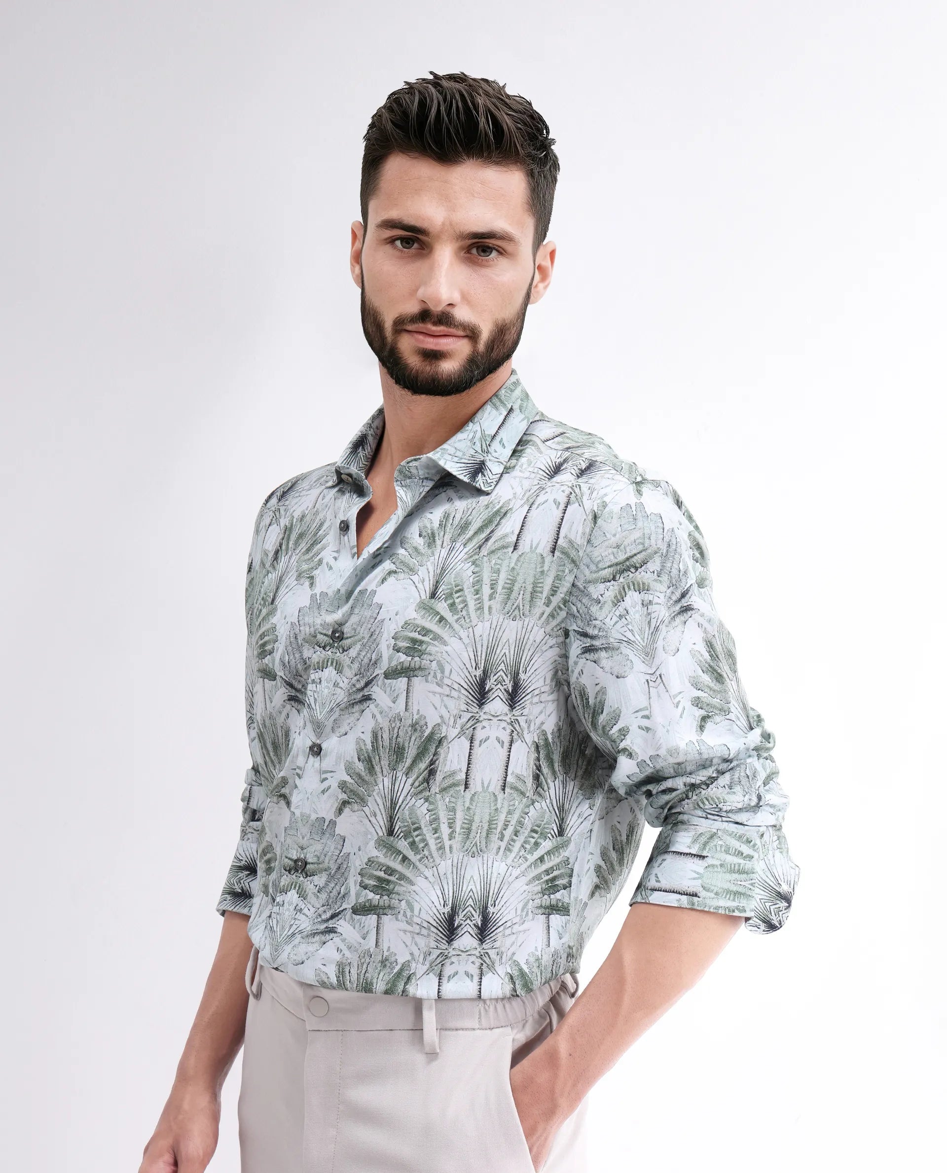 Rare Rabbit Men's Reca Light Green Viscose Abstract Print Regular Fit Full Sleeve Collared Shirt