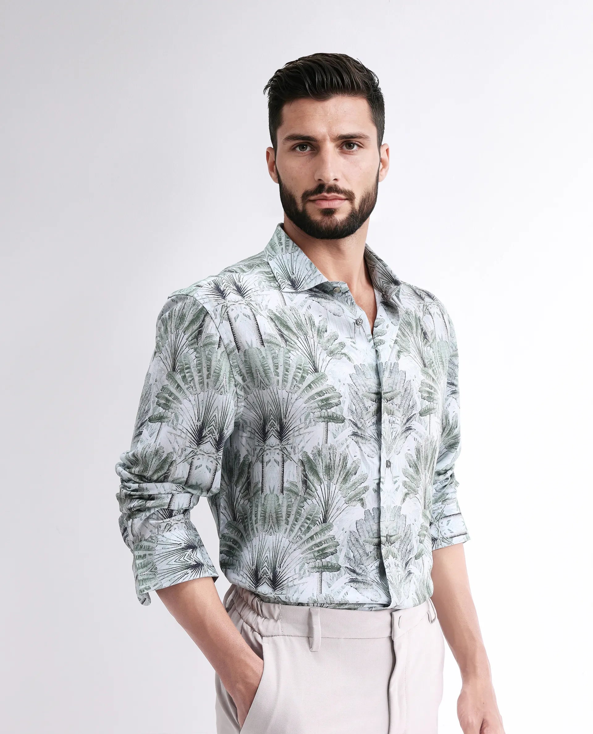 Rare Rabbit Men's Reca Light Green Viscose Abstract Print Regular Fit Full Sleeve Collared Shirt