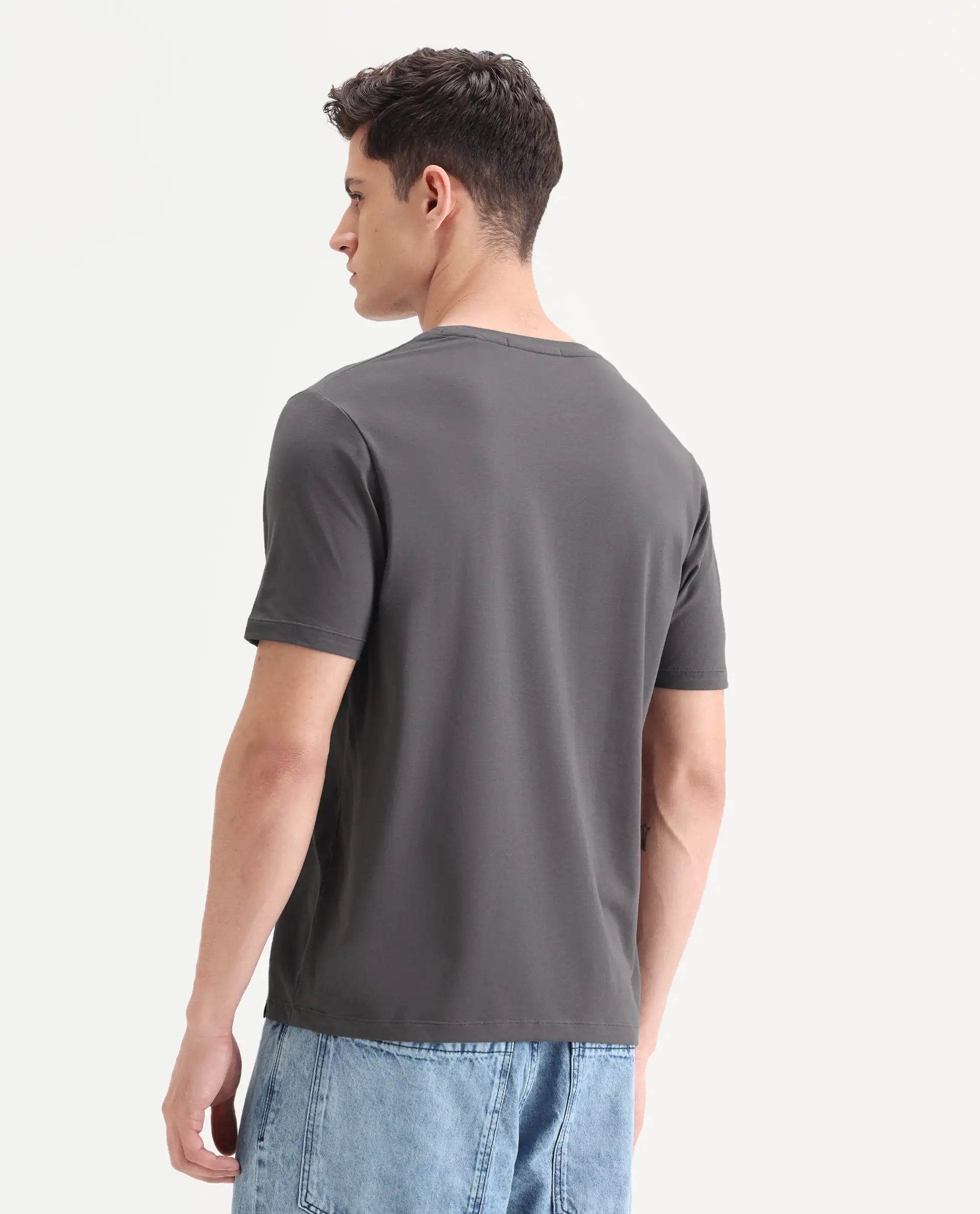 Rare Rabbit Men's Recor Grey Cotton Blend Graphic Print Regular Fit Half Sleeve Crew Neck T-Shirt