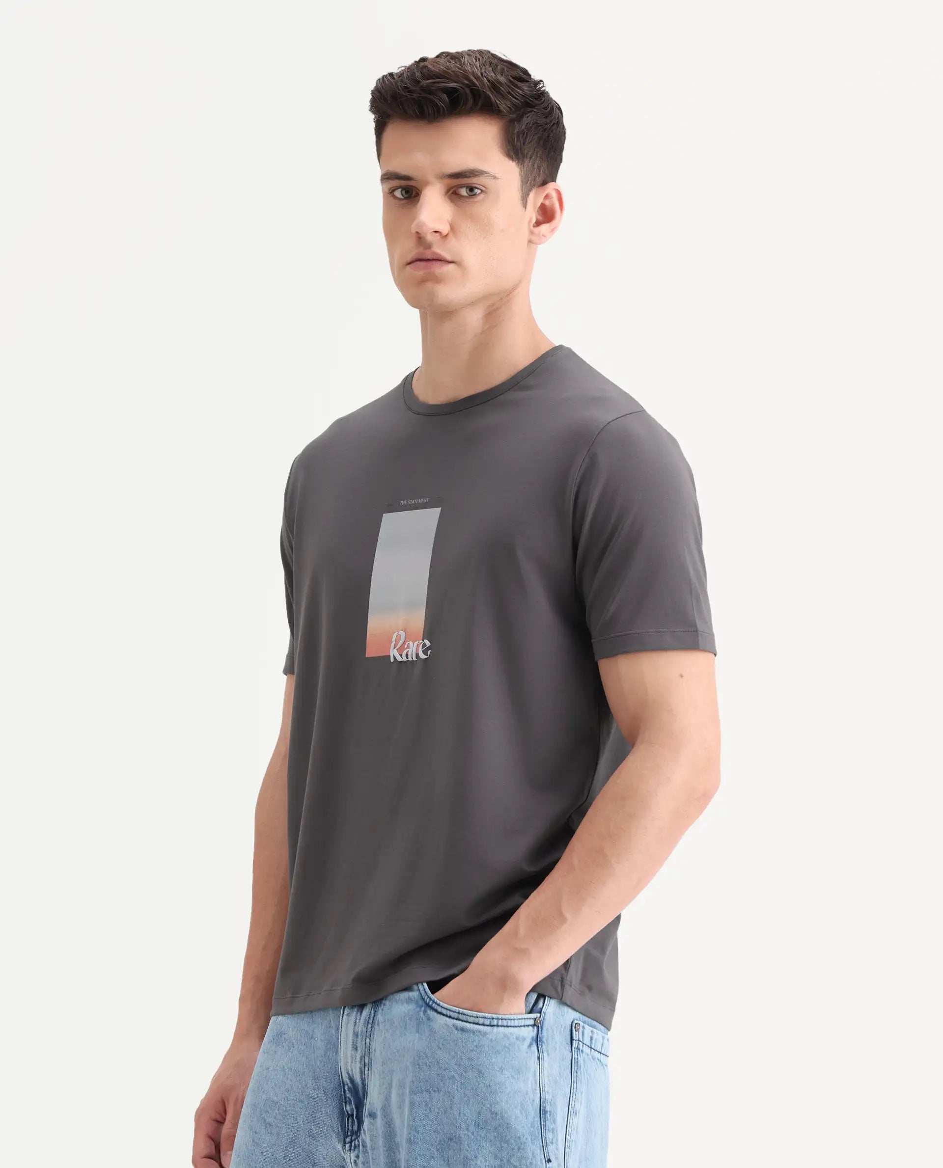 Rare Rabbit Men's Recor Grey Cotton Blend Graphic Print Regular Fit Half Sleeve Crew Neck T-Shirt
