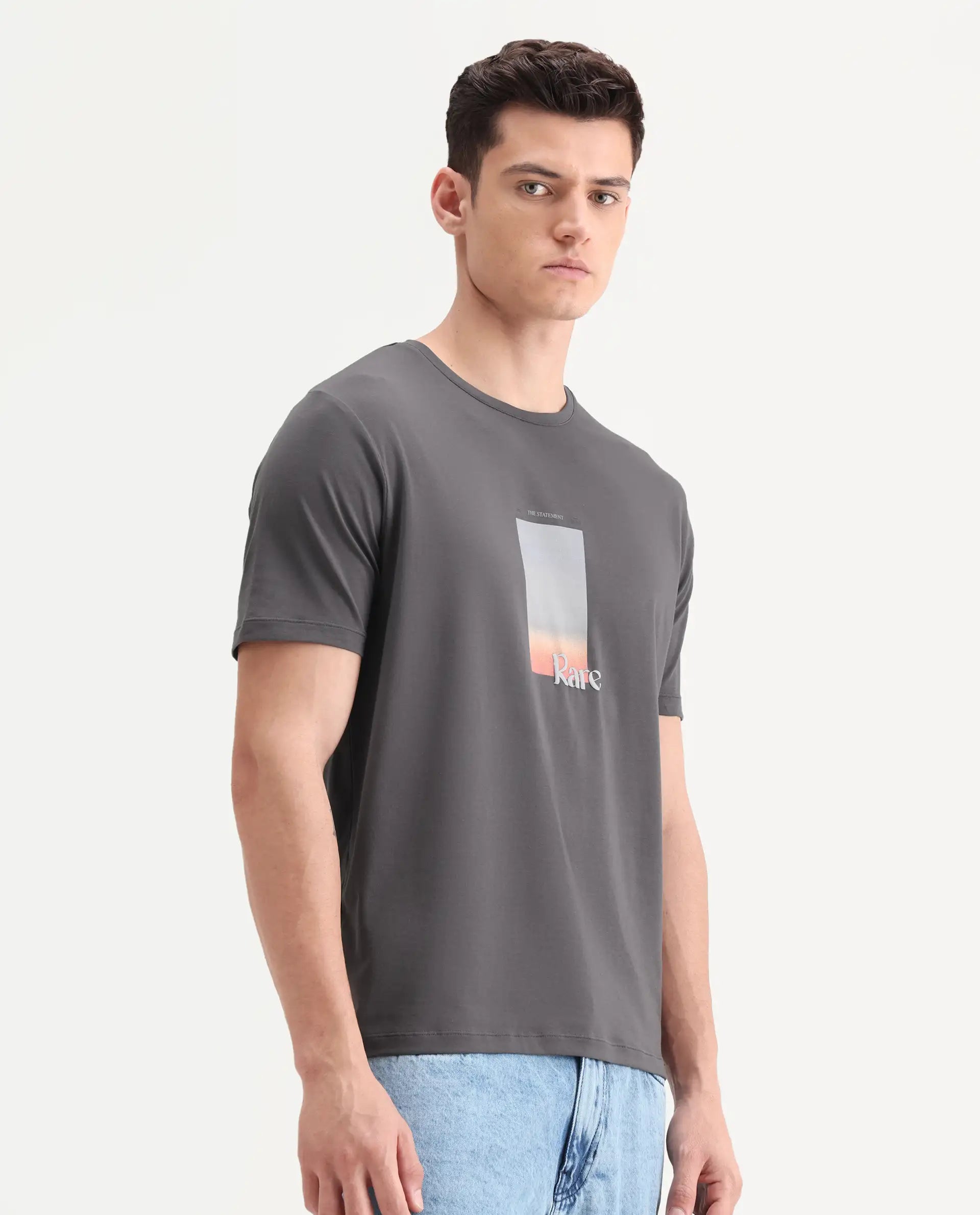 Rare Rabbit Men's Recor Grey Cotton Blend Graphic Print Regular Fit Half Sleeve Crew Neck T-Shirt