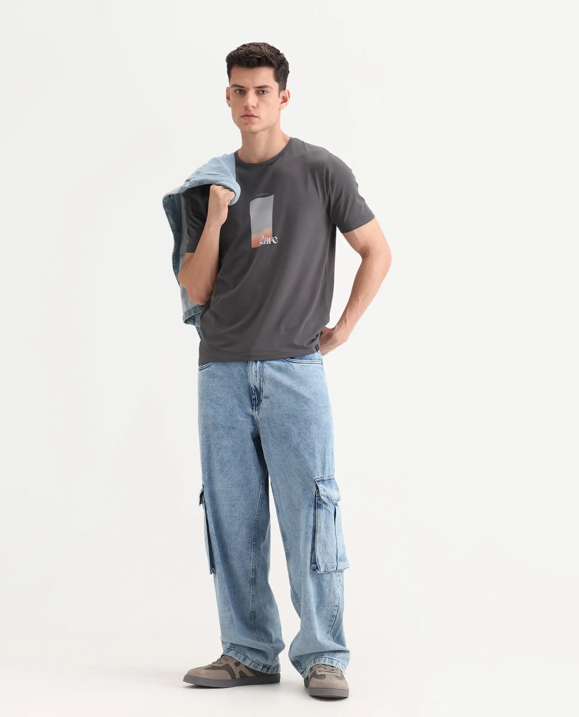 Rare Rabbit Men's Recor Grey Cotton Blend Graphic Print Regular Fit Half Sleeve Crew Neck T-Shirt