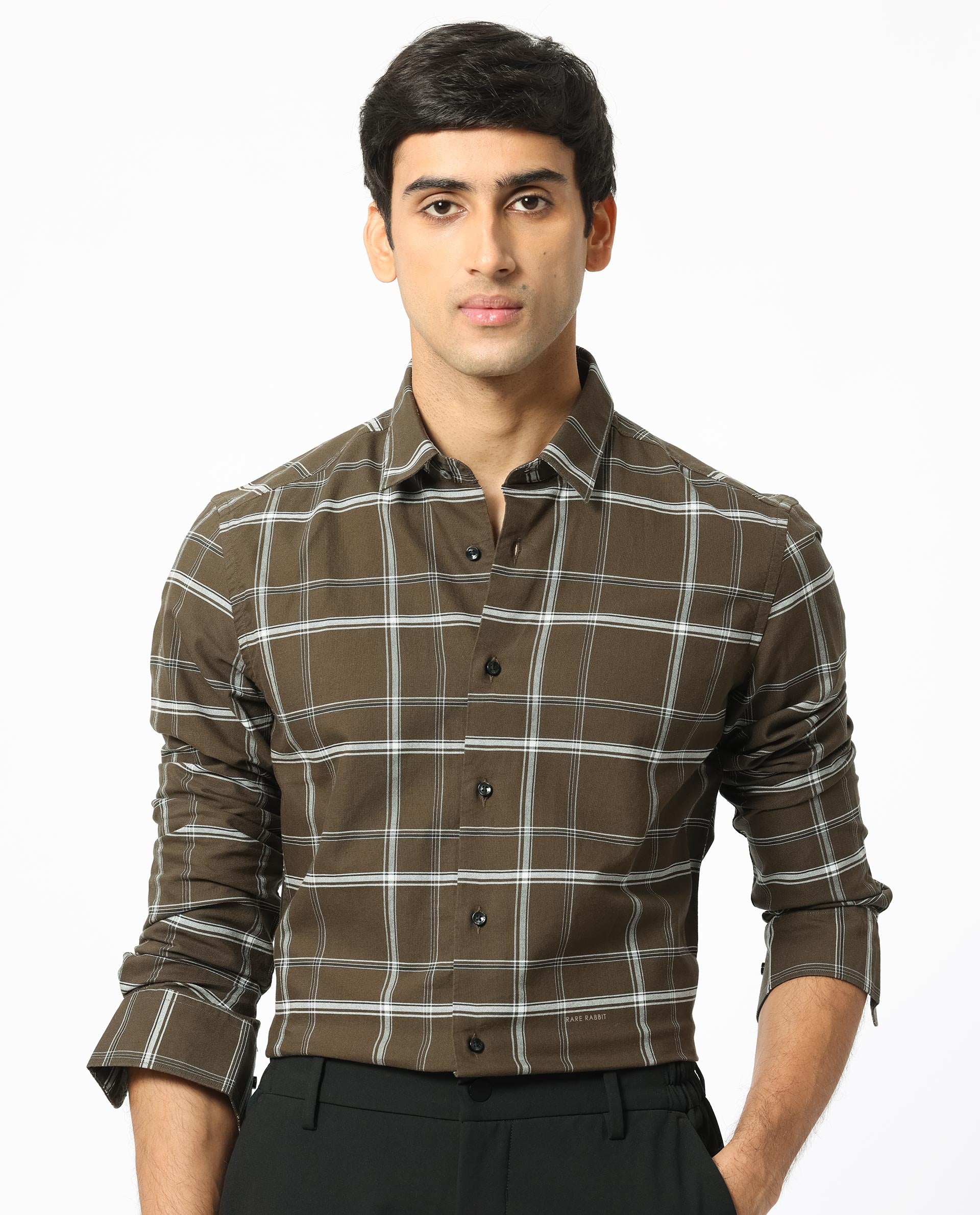 Rare Rabbit Men's Reesit Brown Cotton Fabric Full Sleeves Checks Shirt