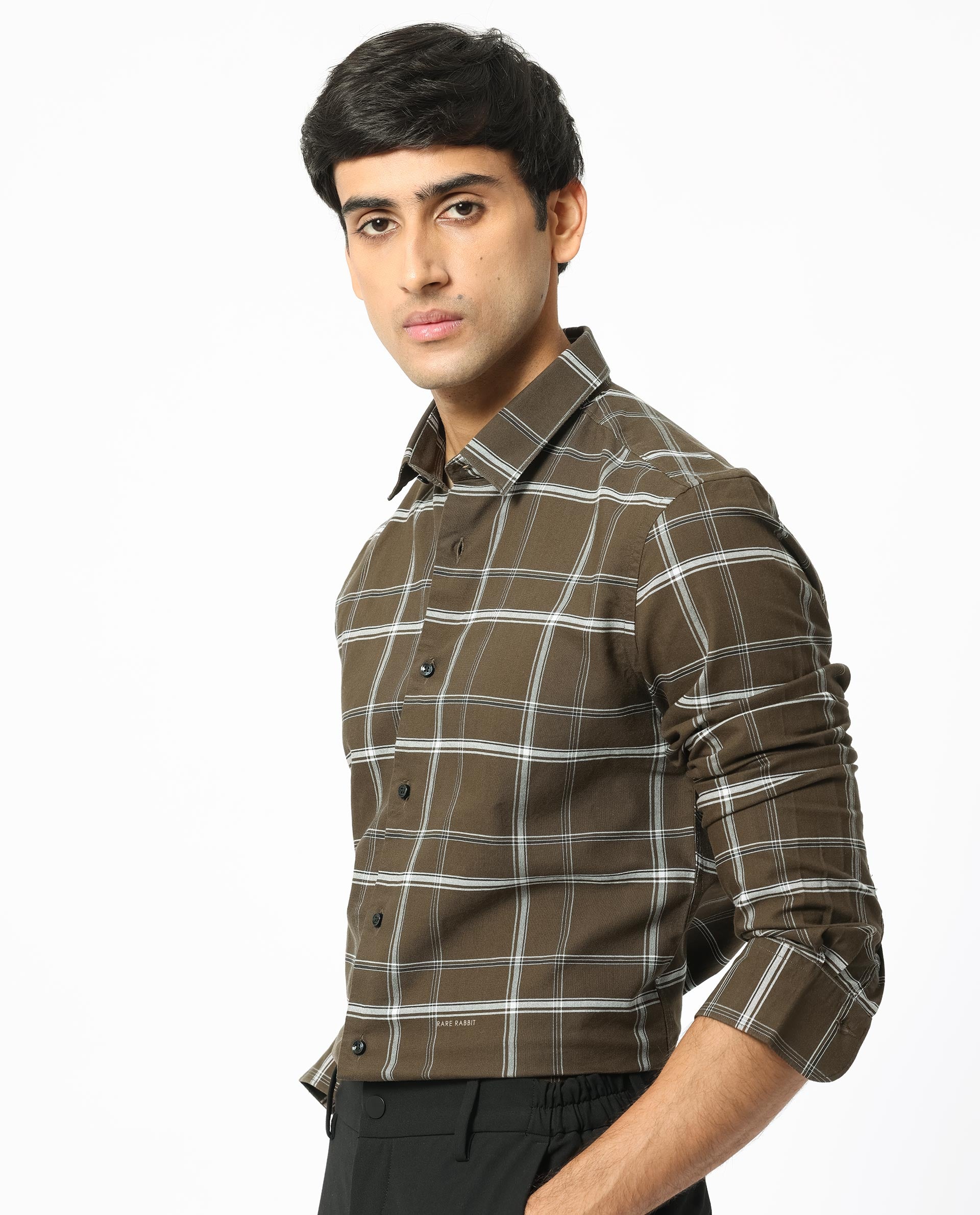 Rare Rabbit Men's Reesit Brown Cotton Fabric Full Sleeves Checks Shirt