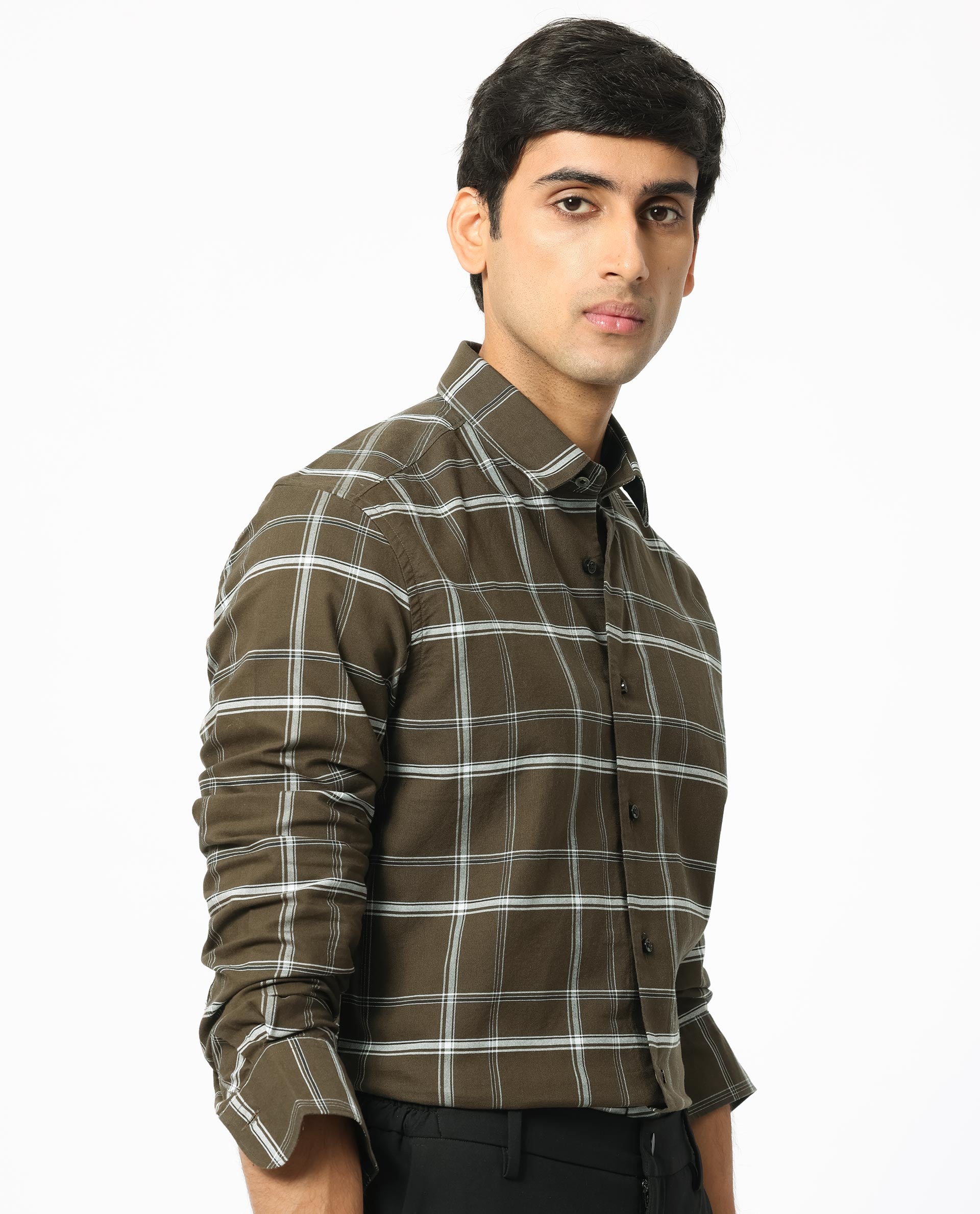 Rare Rabbit Men's Reesit Brown Cotton Fabric Full Sleeves Checks Shirt
