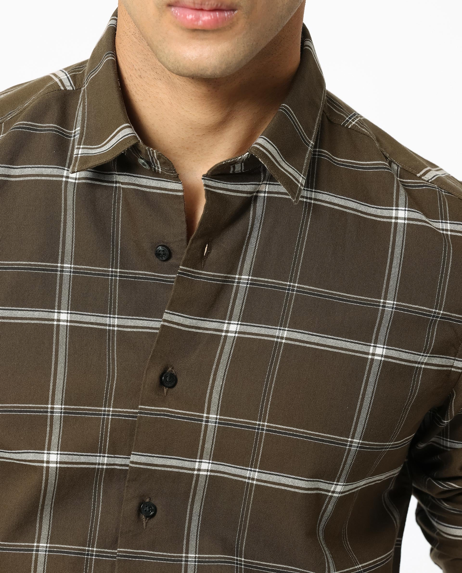 Rare Rabbit Men's Reesit Brown Cotton Fabric Full Sleeves Checks Shirt