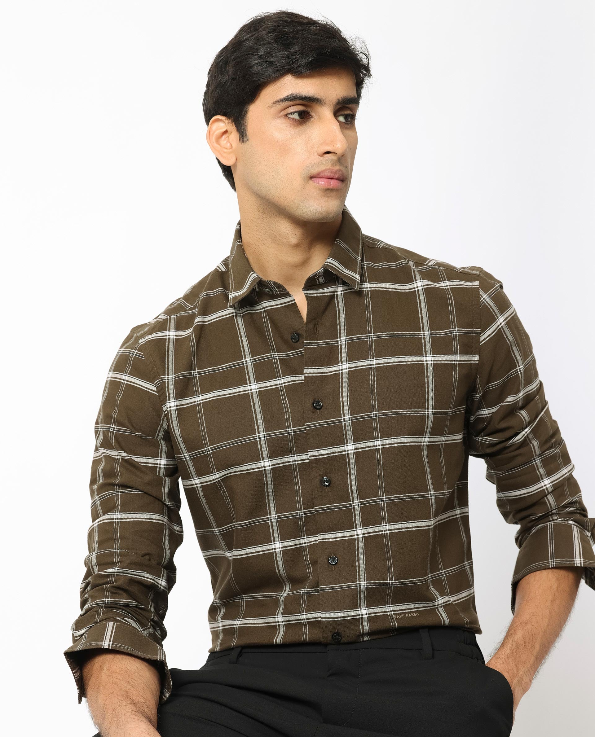 Rare Rabbit Men's Reesit Brown Cotton Fabric Full Sleeves Checks Shirt