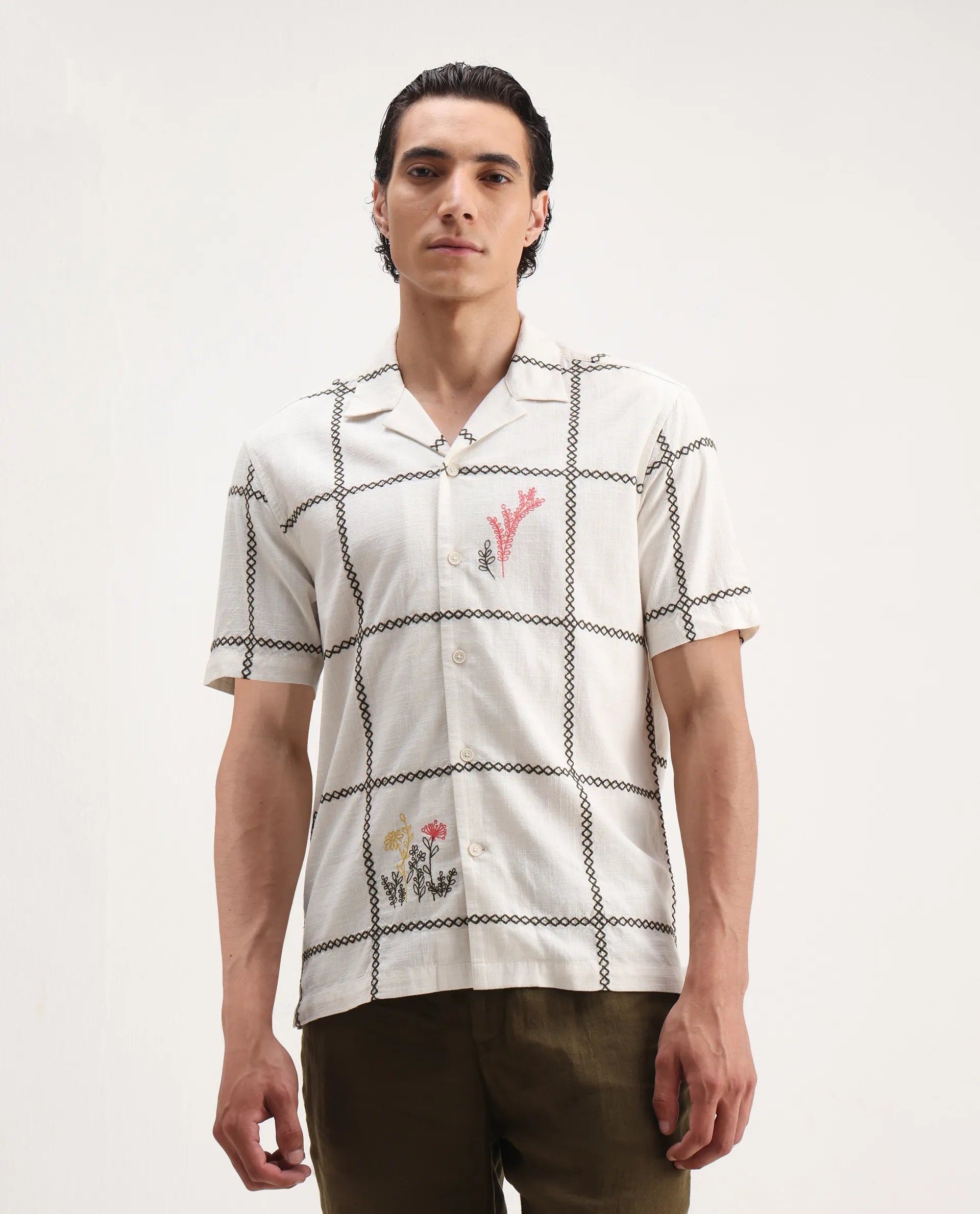 Rare Rabbit Men's Refty Off White Viscose Embroidered Boxy Fit Half Sleeve Cuban Collar Shirt