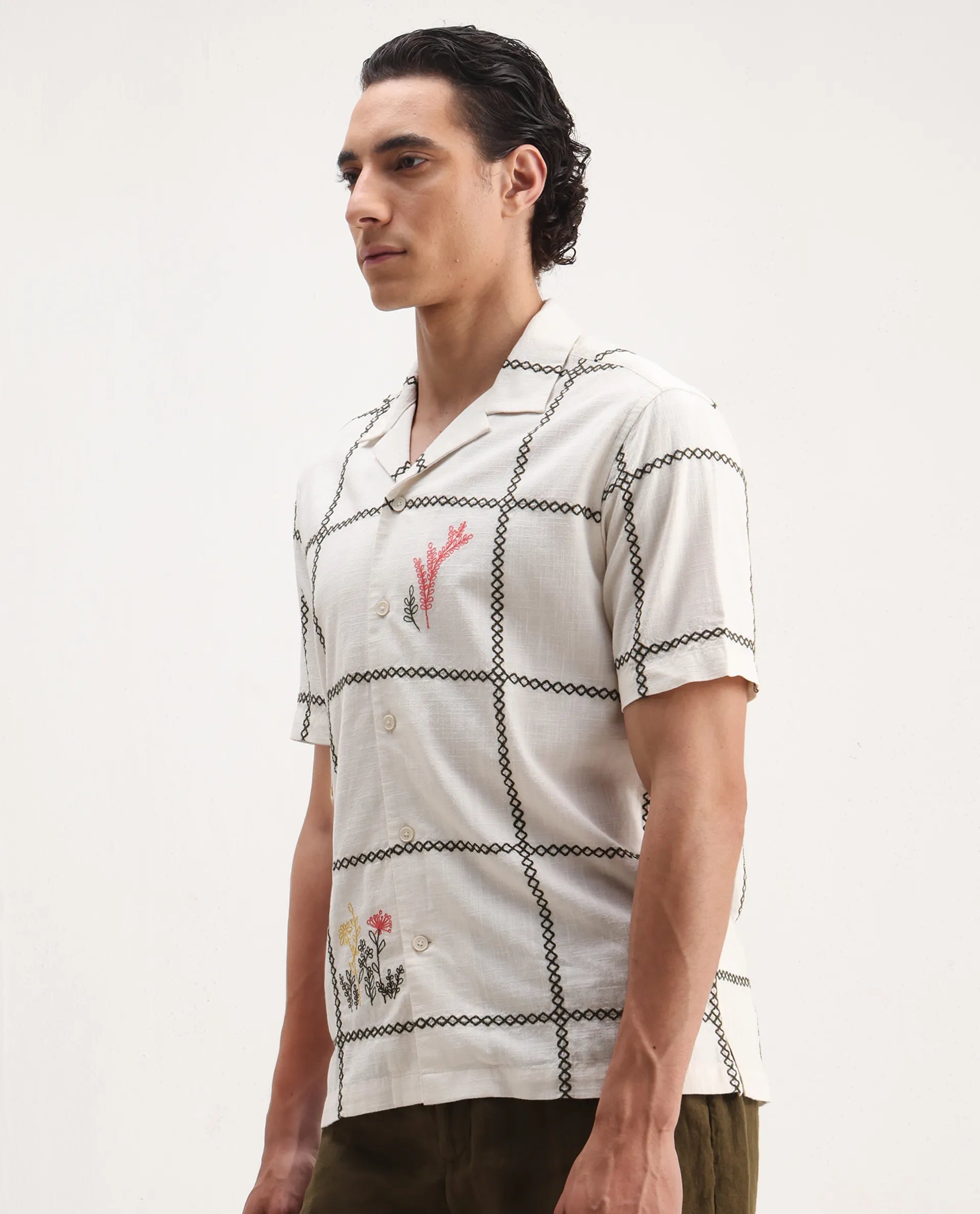 Rare Rabbit Men's Refty Off White Viscose Embroidered Boxy Fit Half Sleeve Cuban Collar Shirt