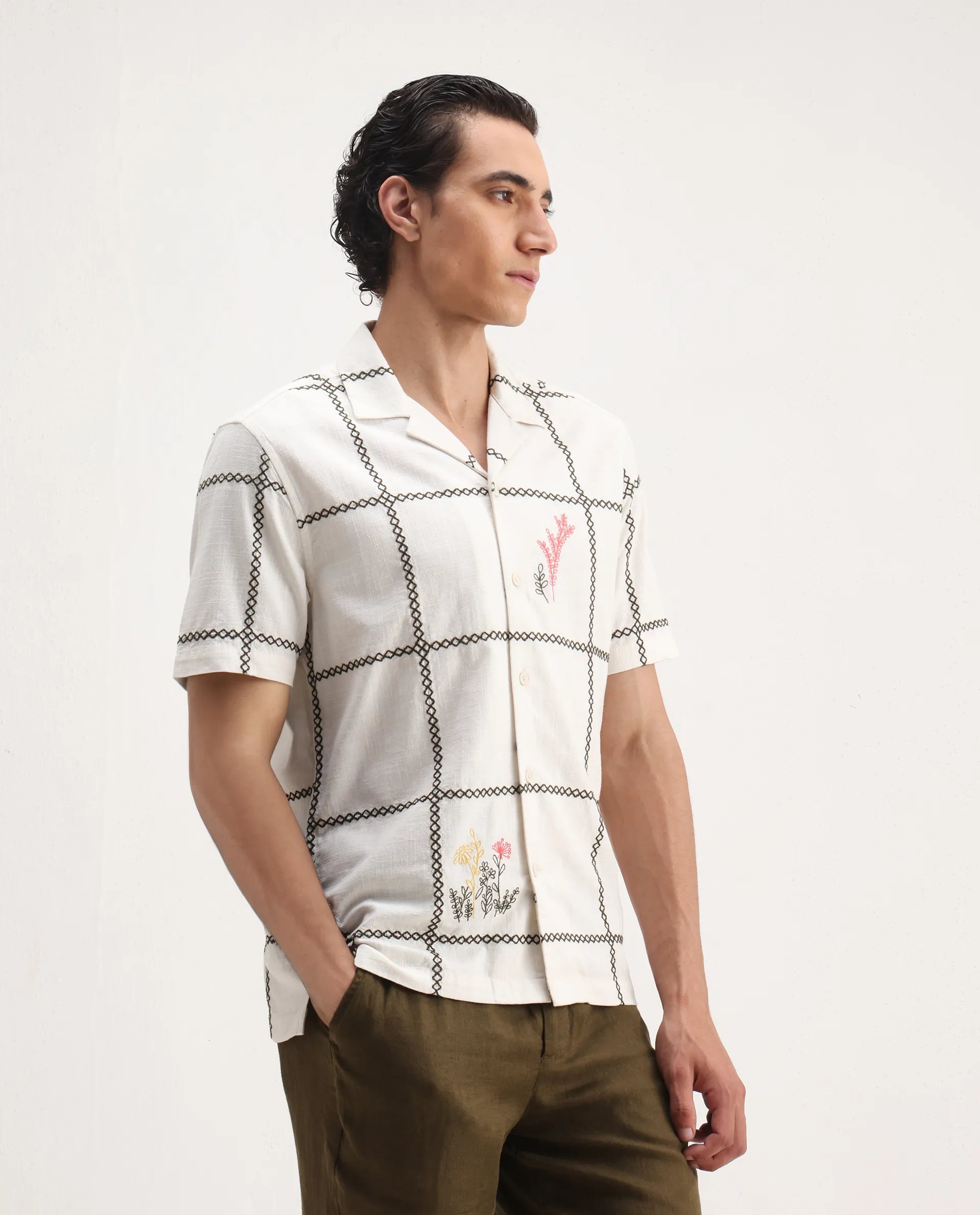 Rare Rabbit Men's Refty Off White Viscose Embroidered Boxy Fit Half Sleeve Cuban Collar Shirt