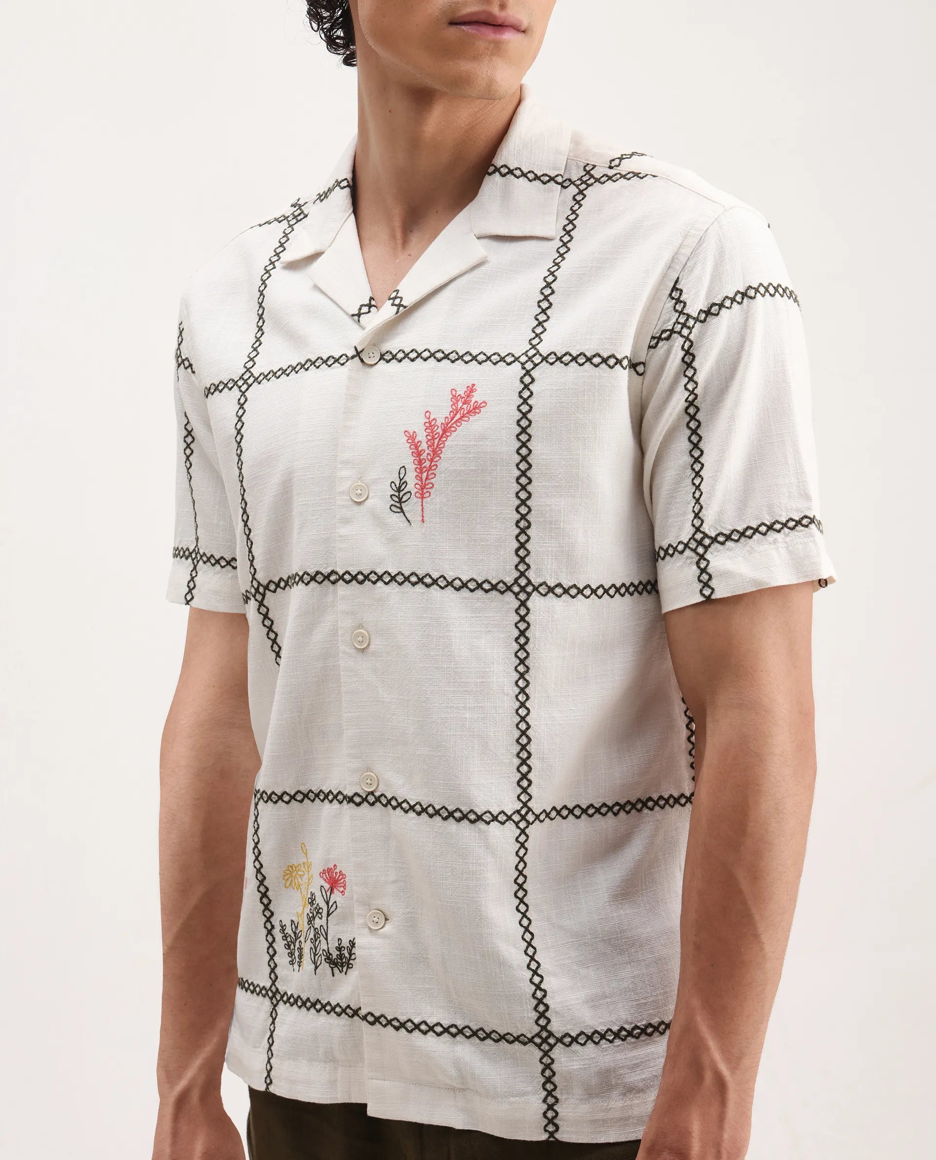 Rare Rabbit Men's Refty Off White Viscose Embroidered Boxy Fit Half Sleeve Cuban Collar Shirt