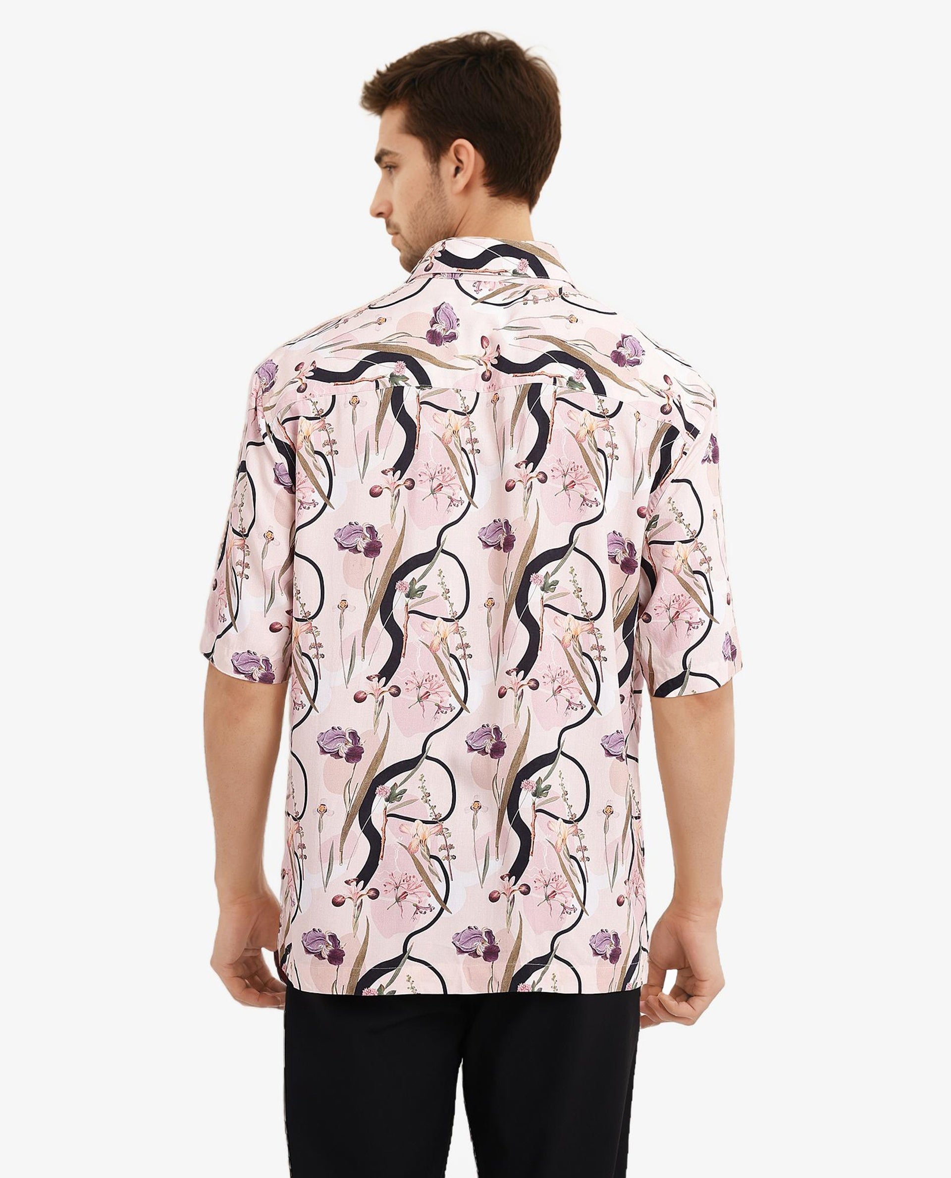 Rare Rabbit Men's Rigel Pastel Peach Viscose Fabric Short Sleeve Boxy Fit Floral Print Shirt