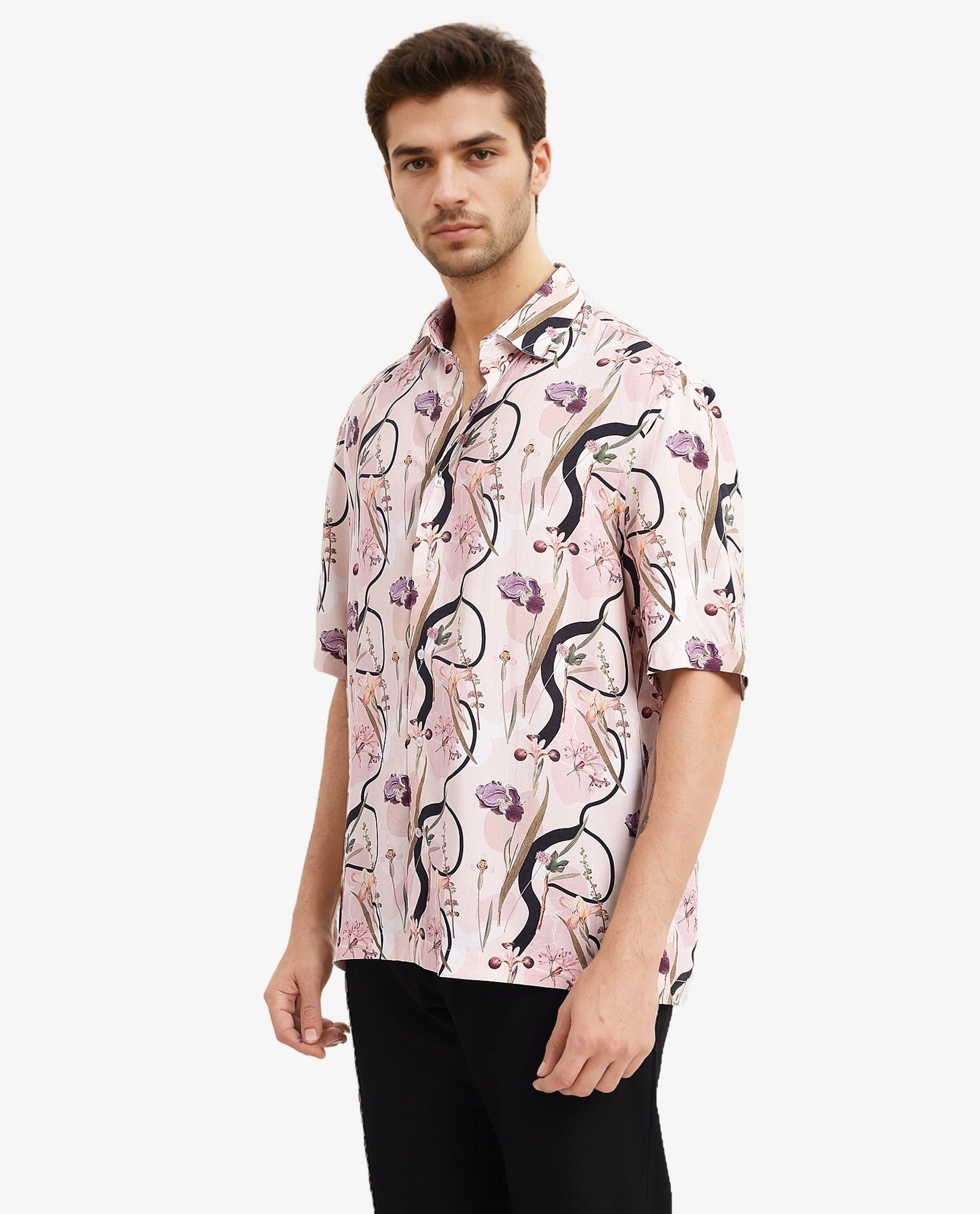 Rare Rabbit Men's Rigel Pastel Peach Viscose Fabric Short Sleeve Boxy Fit Floral Print Shirt