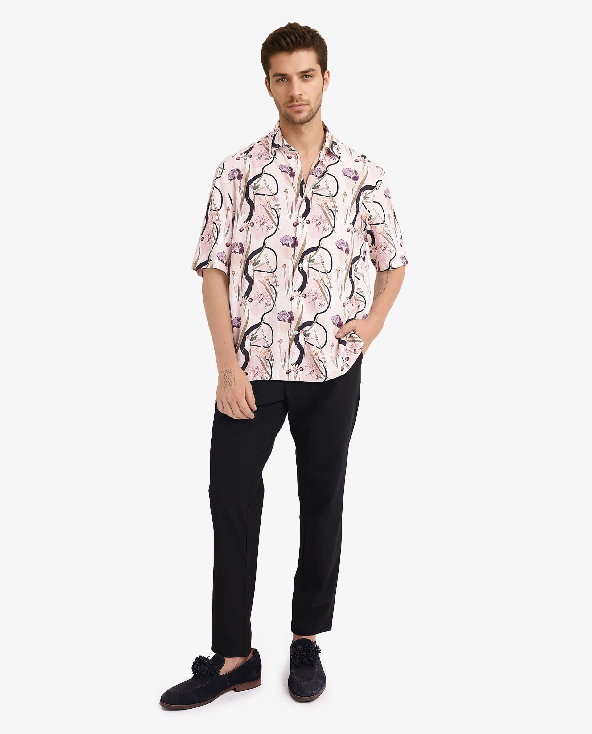 Rare Rabbit Men's Rigel Pastel Peach Viscose Fabric Short Sleeve Boxy Fit Floral Print Shirt