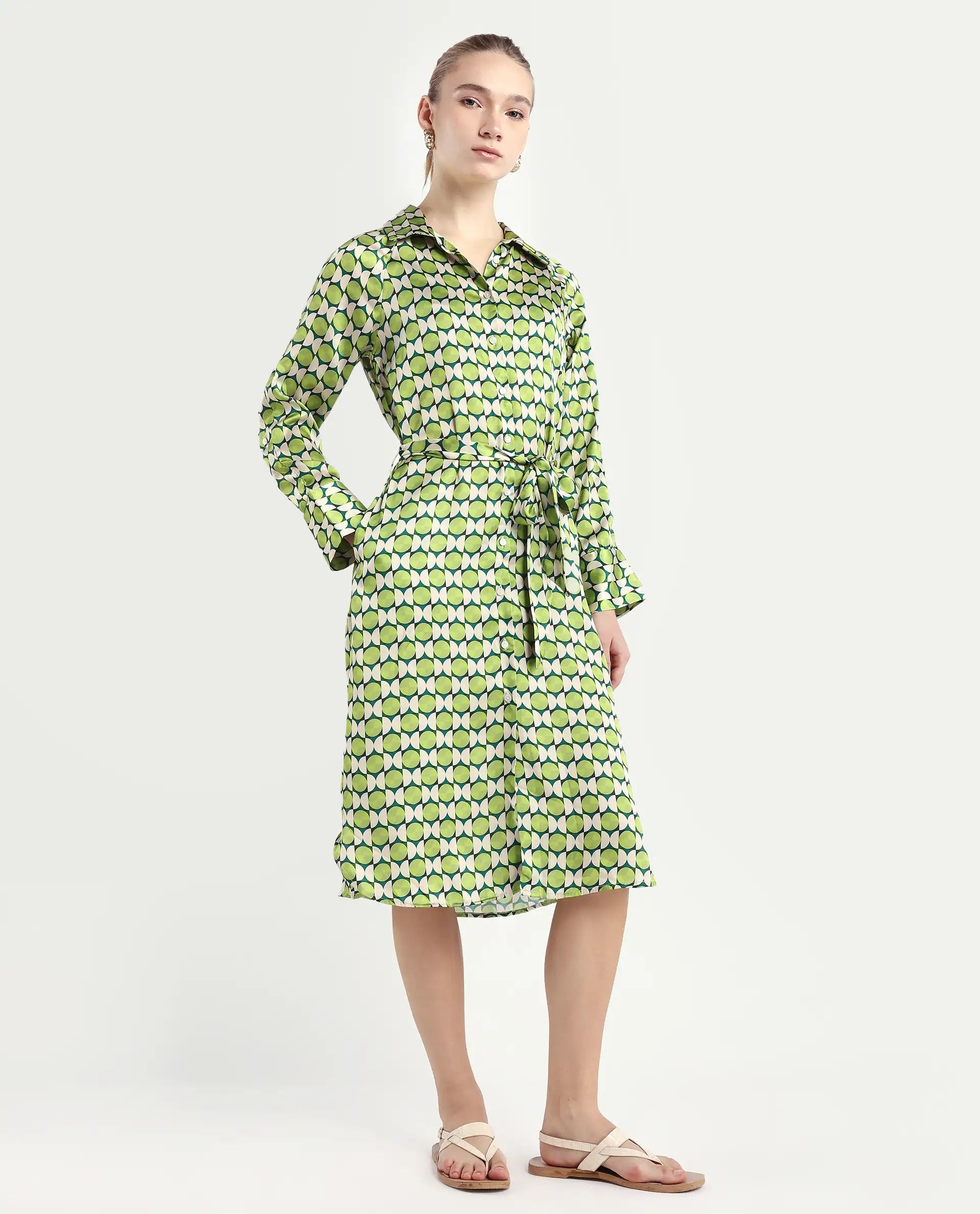 Rareism Women's Regis Green Cotton Blend Drop Collar Geometric Print Raglan Sleeve Midi A-Line Dress