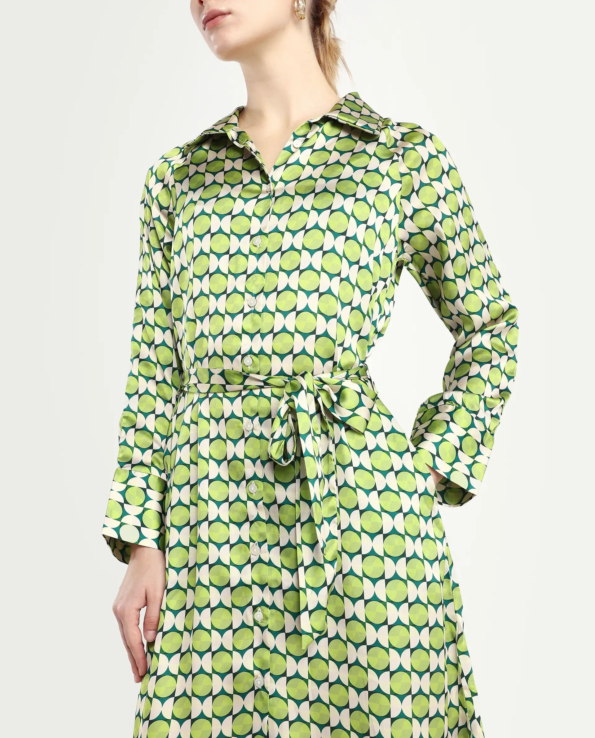 Rareism Women's Regis Green Cotton Blend Drop Collar Geometric Print Raglan Sleeve Midi A-Line Dress