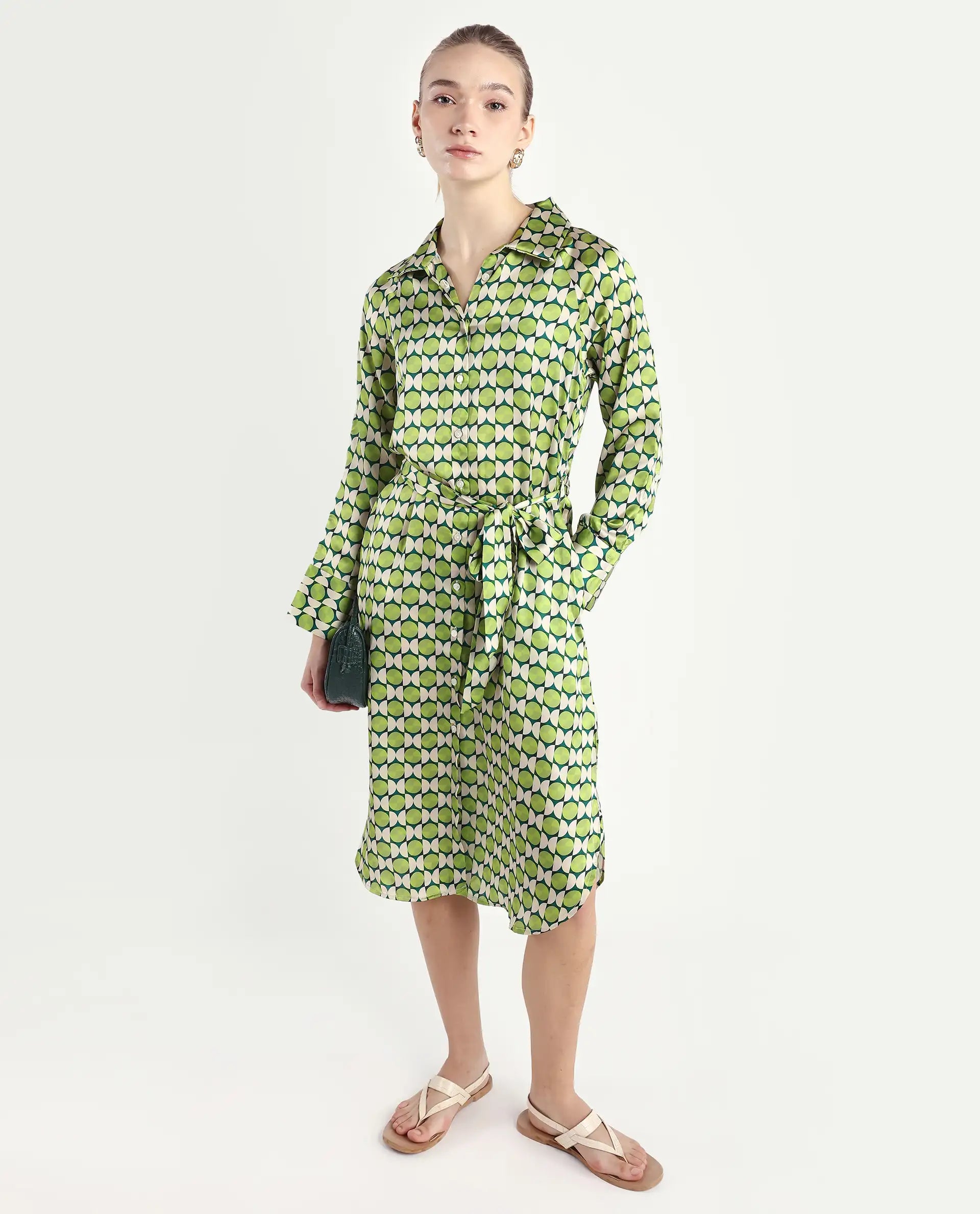 Rareism Women's Regis Green Cotton Blend Drop Collar Geometric Print Raglan Sleeve Midi A-Line Dress