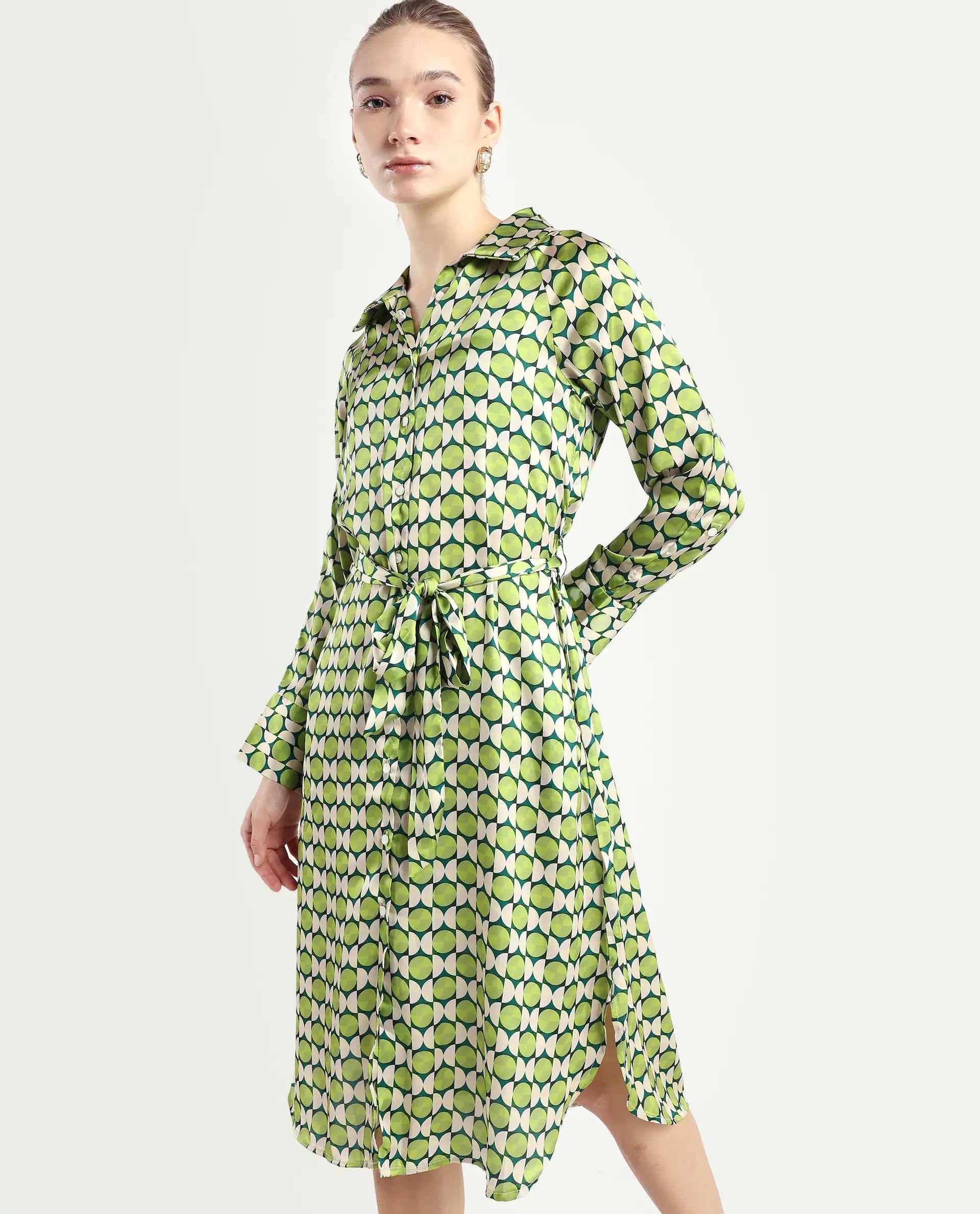 Rareism Women's Regis Green Cotton Blend Drop Collar Geometric Print Raglan Sleeve Midi A-Line Dress