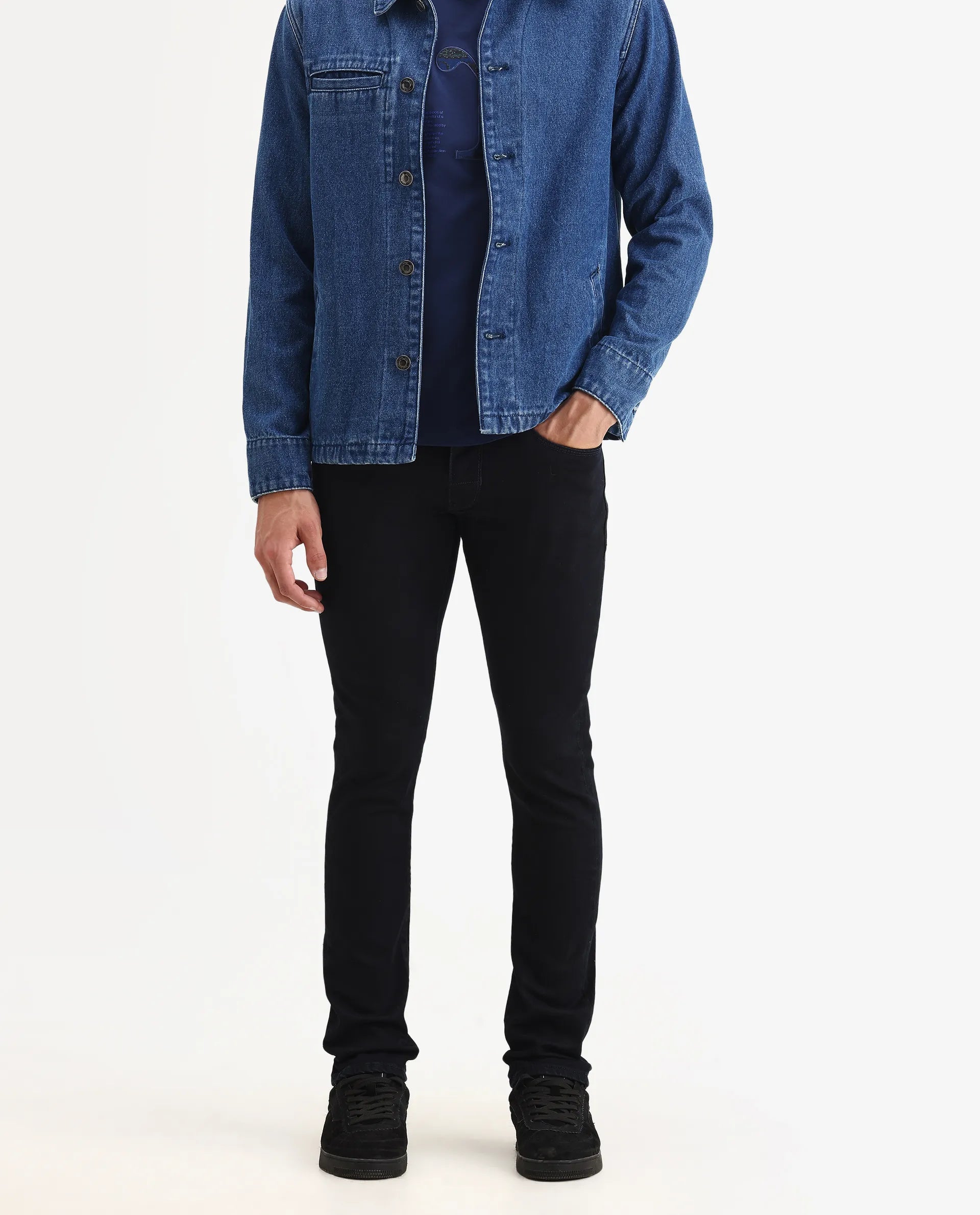 Rare Rabbit Men's Reid Dark Blue Cotton Blend Plain Hawk Slim Fit Jeans