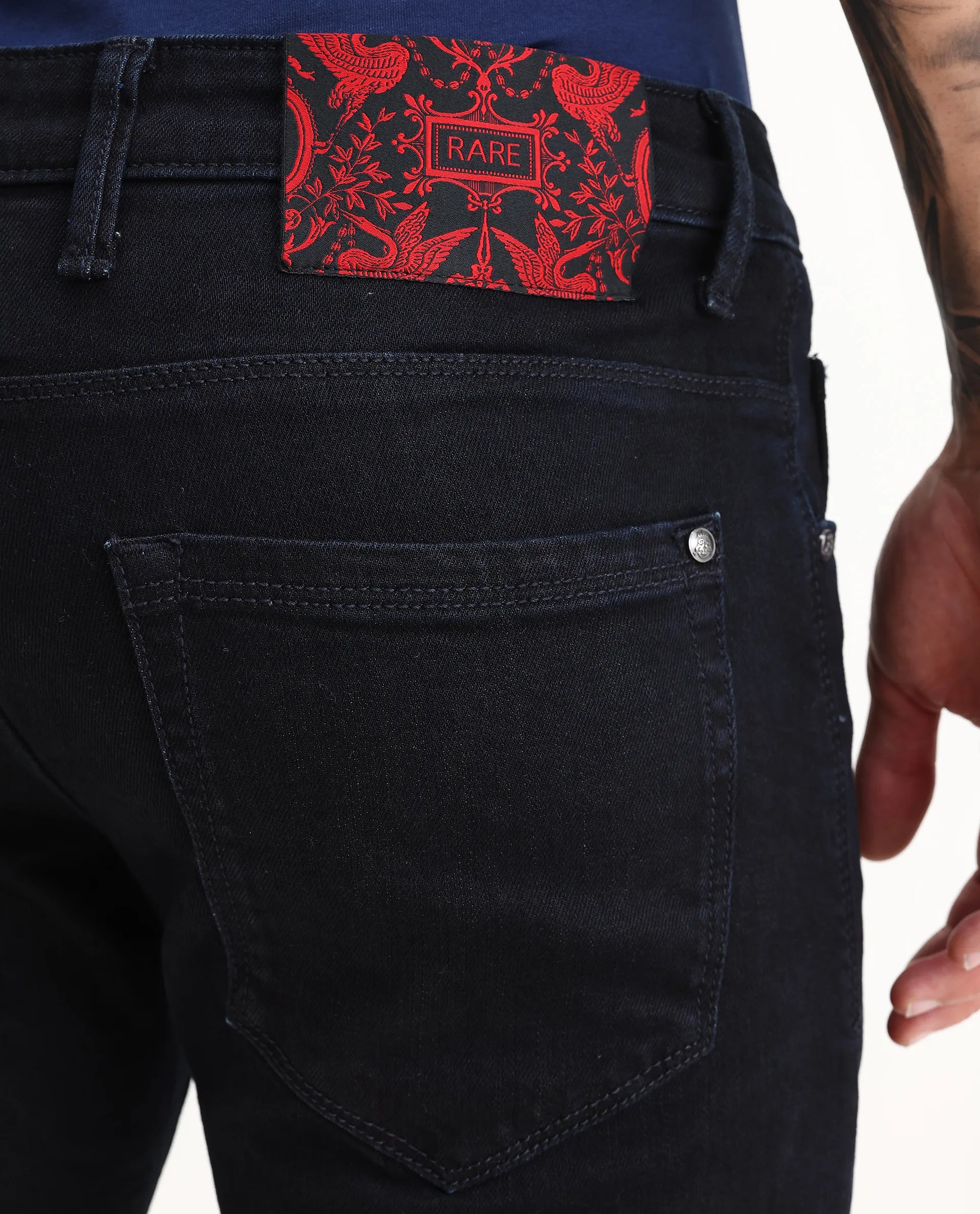 Rare Rabbit Men's Reid Dark Blue Cotton Blend Plain Hawk Slim Fit Jeans