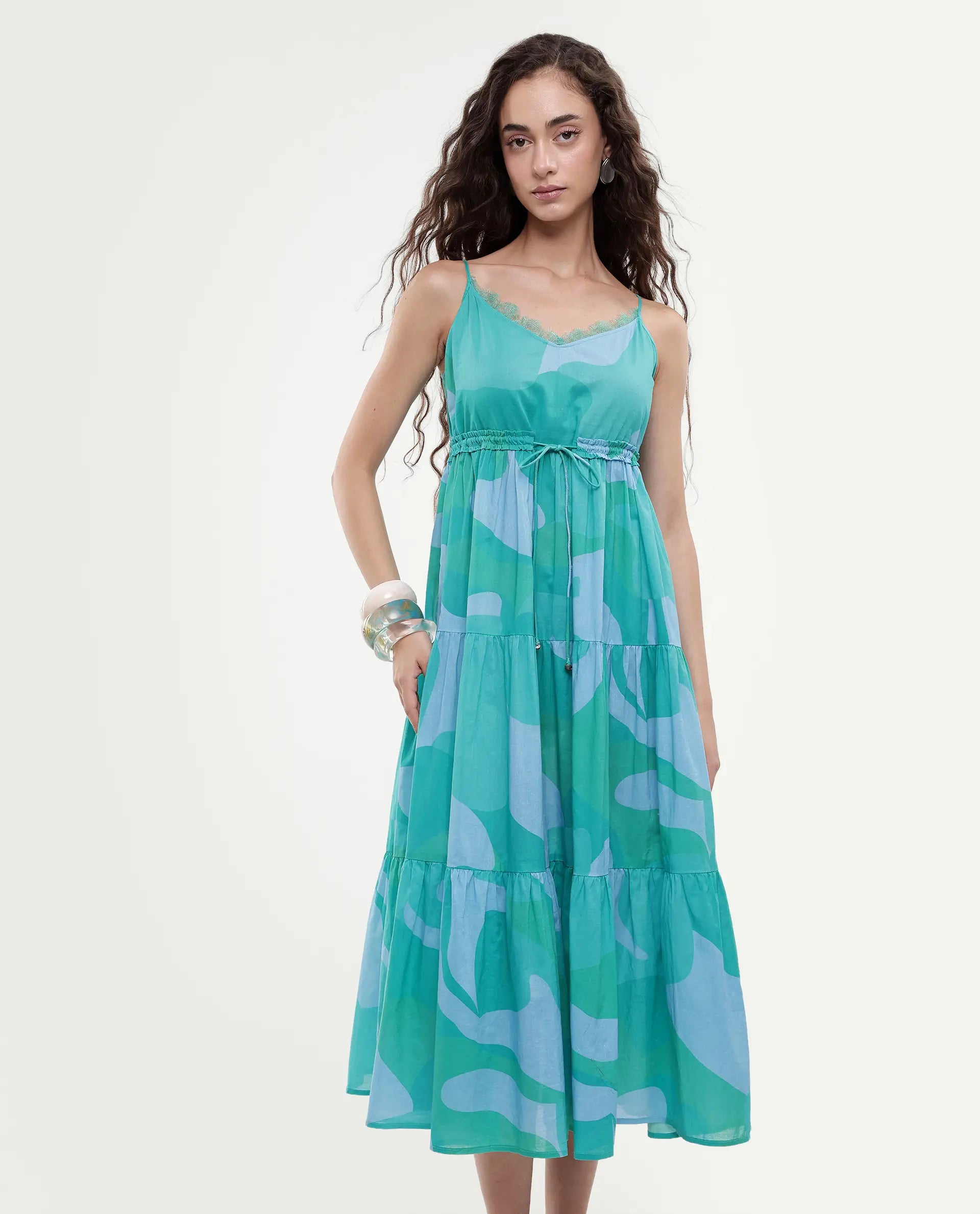 Rareism Women's Reid Green Cotton Shoulder Strap Abstract Print Shoulder Strap Midi Fit And Flare Dress