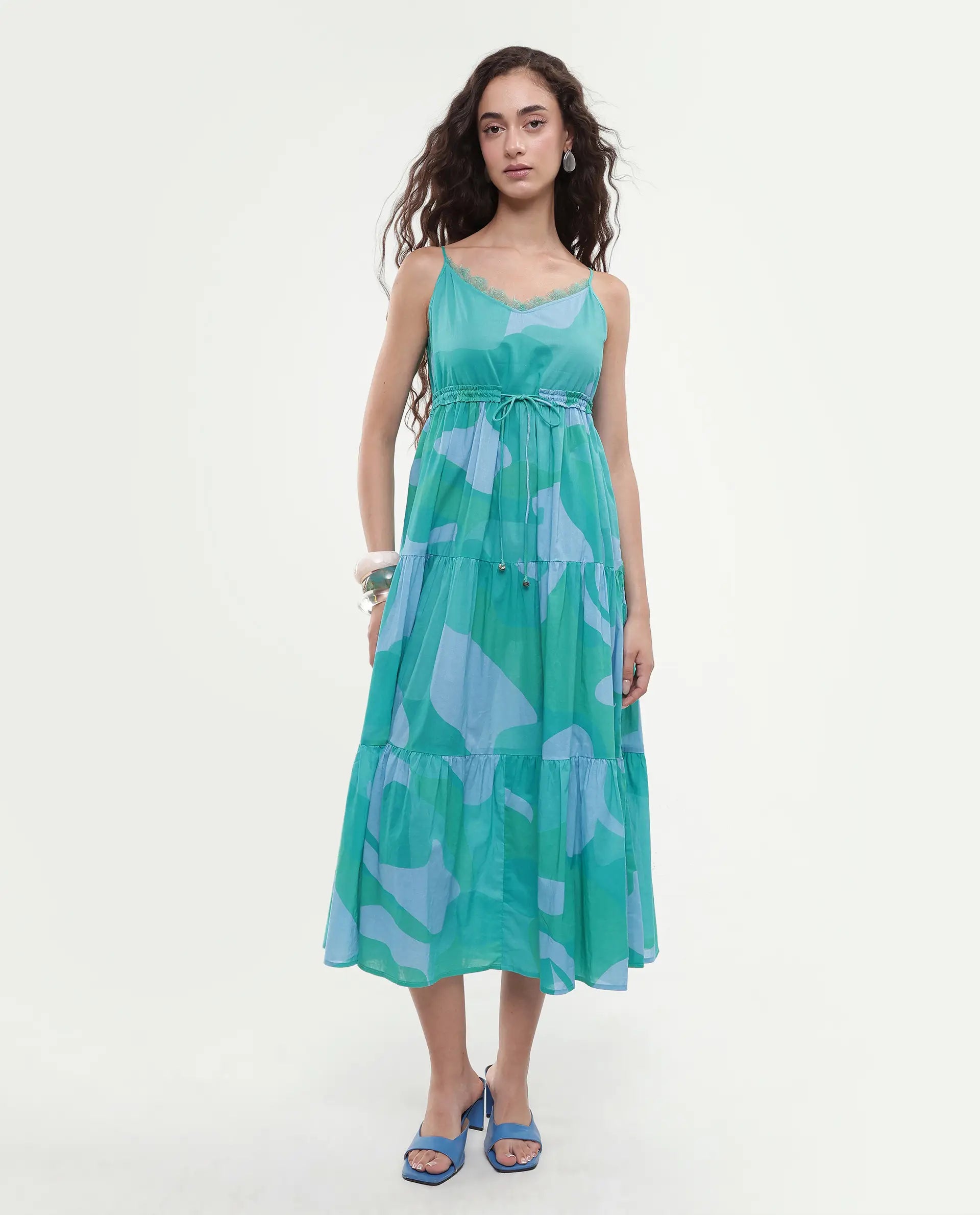 Rareism Women's Reid Green Cotton Shoulder Strap Abstract Print Shoulder Strap Midi Fit And Flare Dress