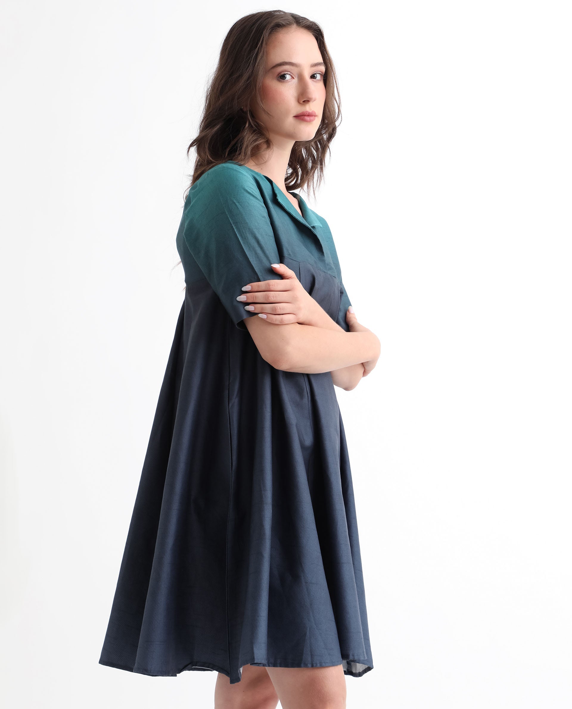 Rareism Women Reilly Green Cotton Fabric Short Sleeves Over Lap Fit And Flare Ombre Short Empire Dress