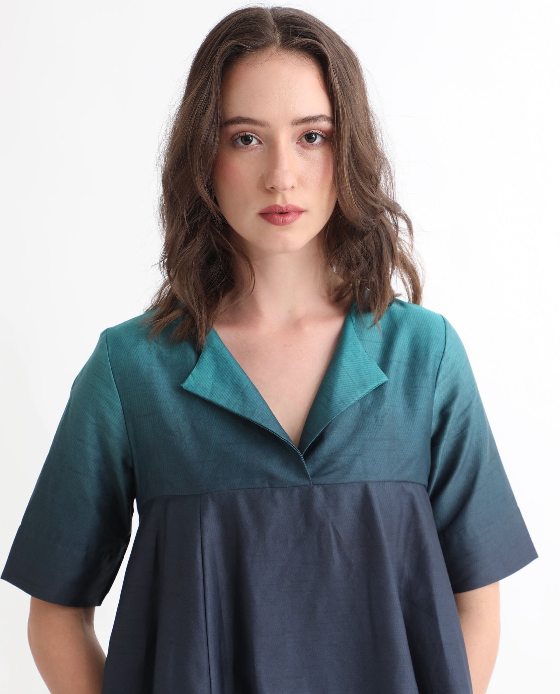 Rareism Women Reilly Green Cotton Fabric Short Sleeves Over Lap Fit And Flare Ombre Short Empire Dress