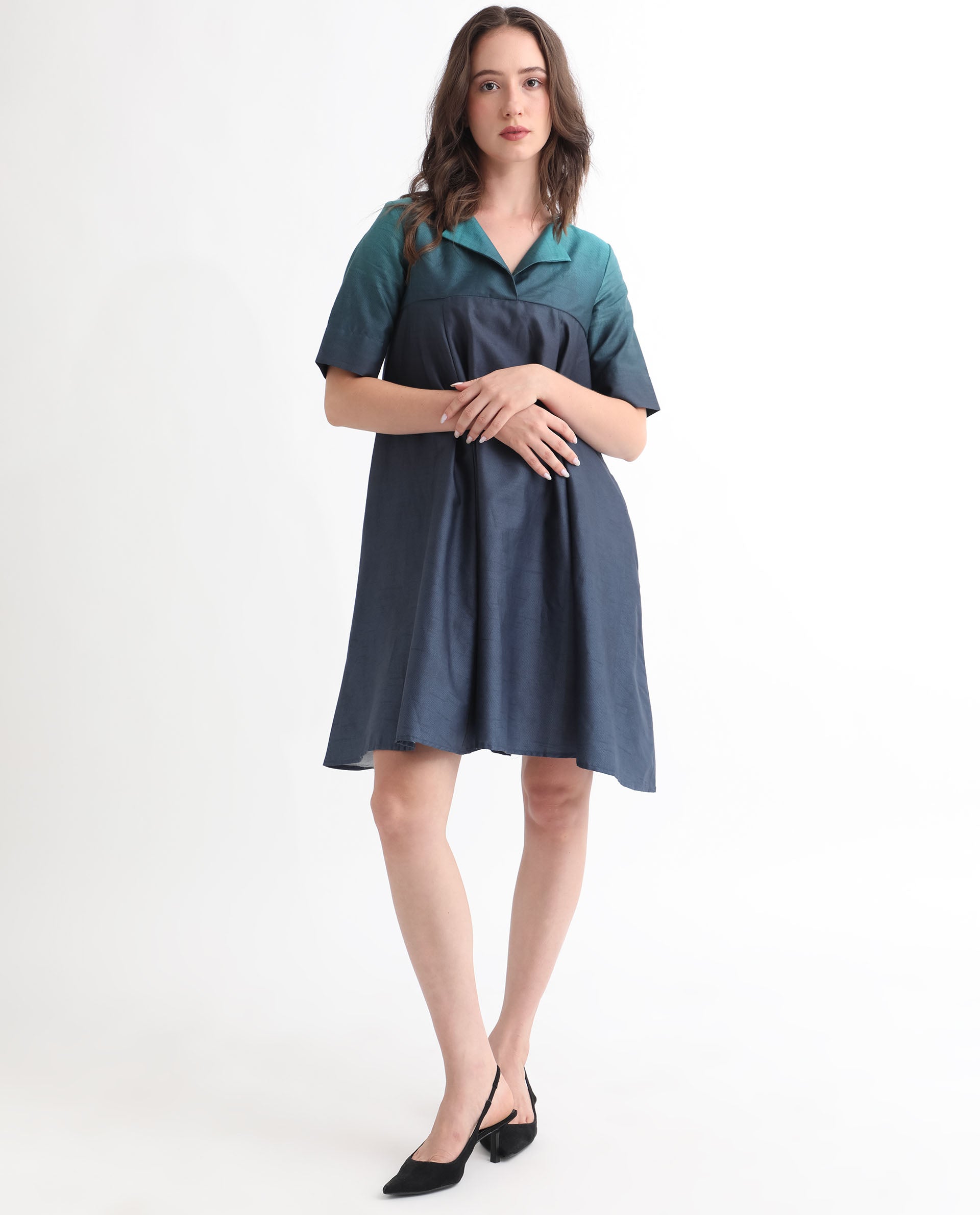 Rareism Women Reilly Green Cotton Fabric Short Sleeves Over Lap Fit And Flare Ombre Short Empire Dress
