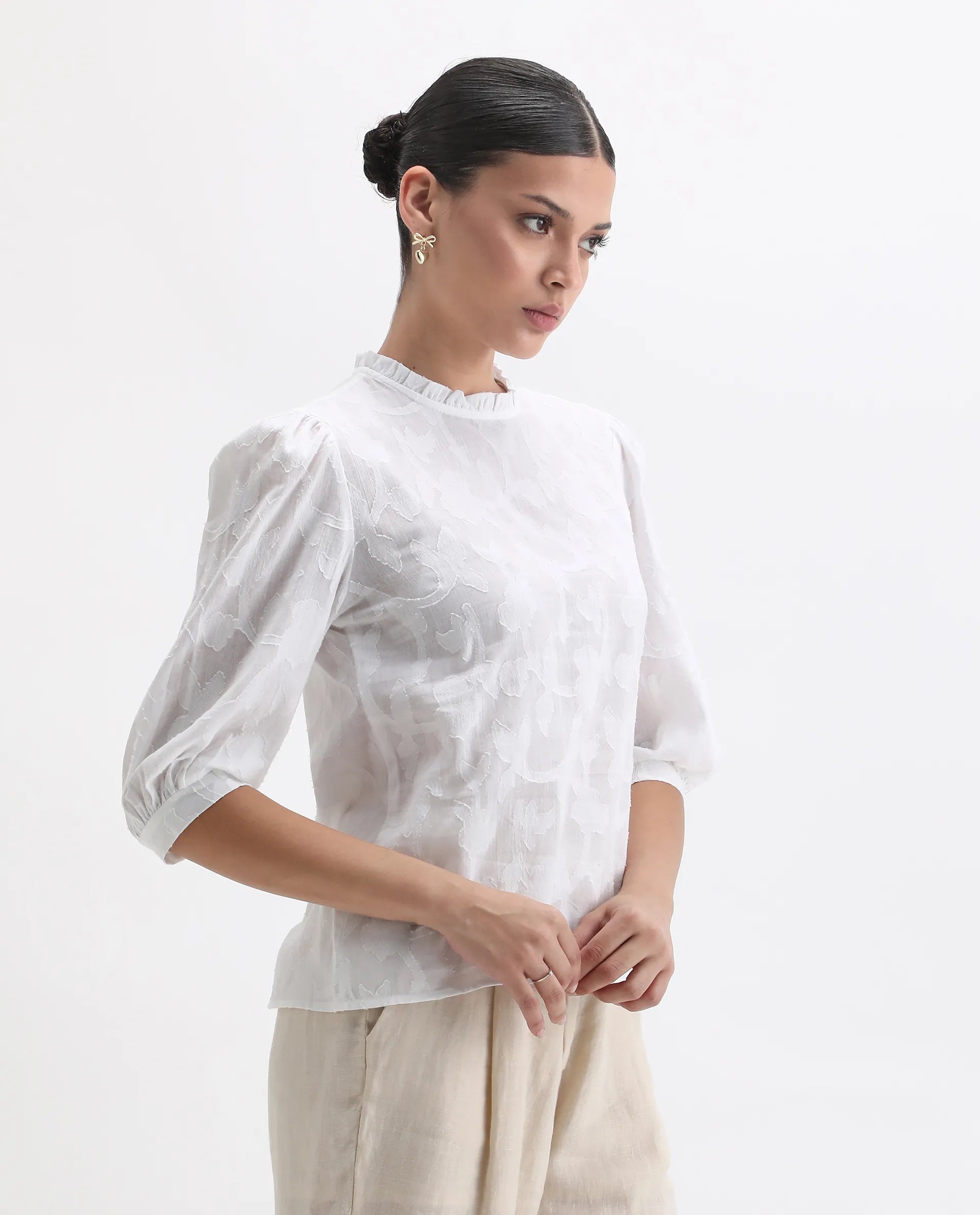 Rareism Women's Reis White Cotton Blend Crew Neck Plain Puff Sleeves Regular Fit Top