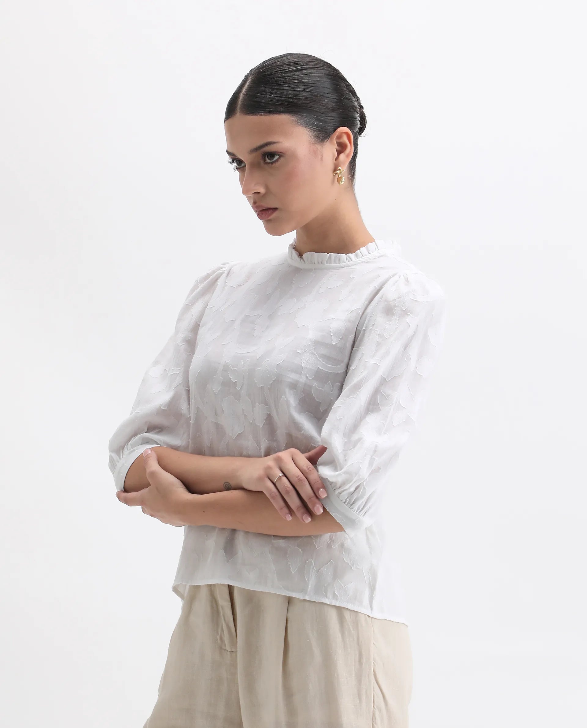 Rareism Women's Reis White Cotton Blend Crew Neck Plain Puff Sleeves Regular Fit Top