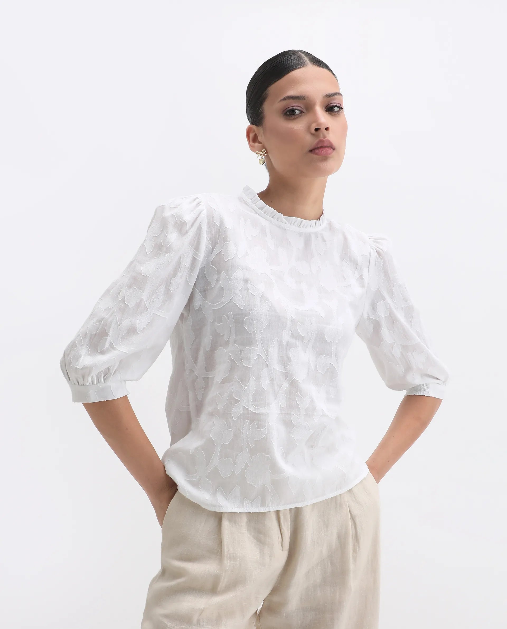 Rareism Women's Reis White Cotton Blend Crew Neck Plain Puff Sleeves Regular Fit Top