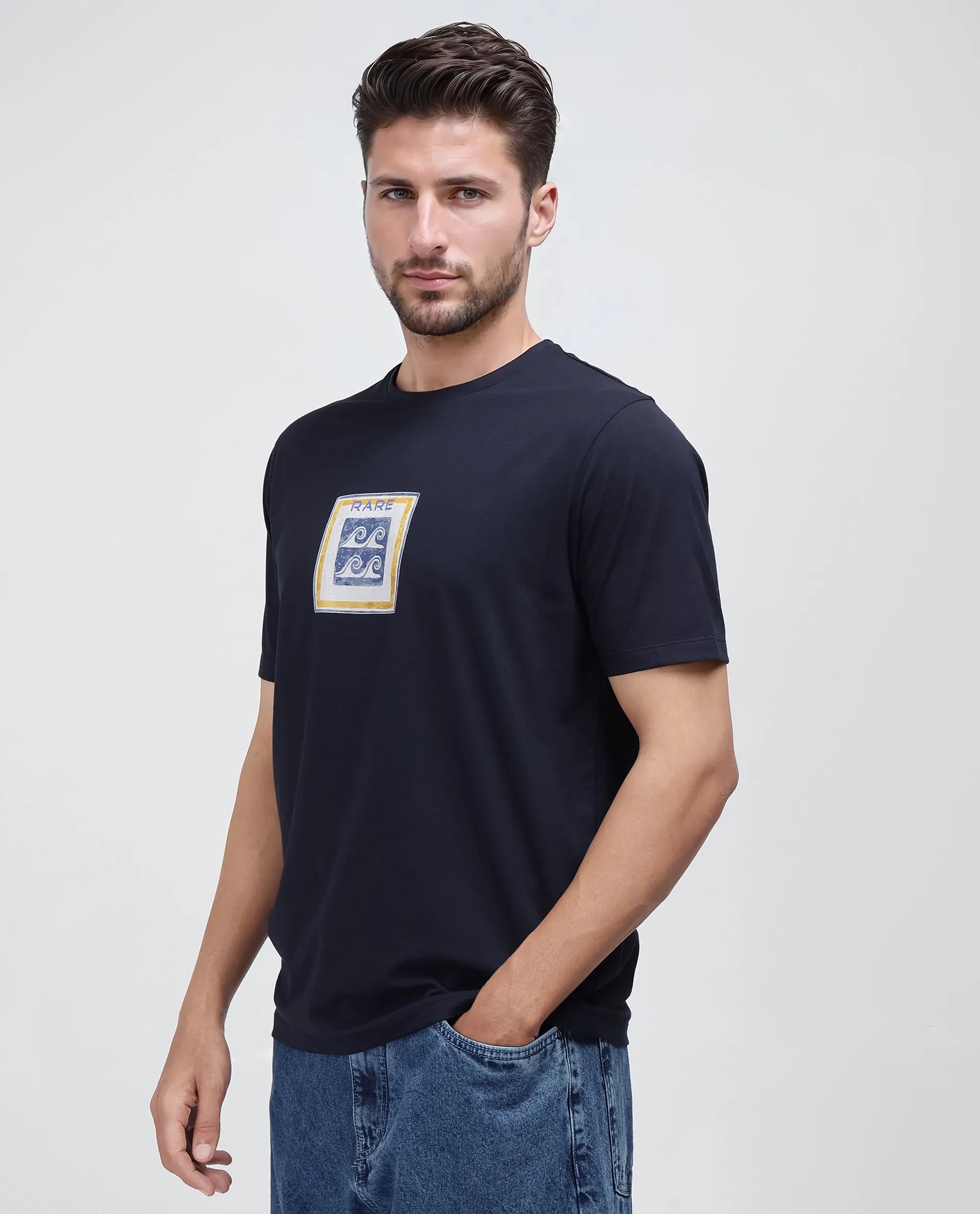 Rare Rabbit Men Rek Navy Cotton Lycra Fabric Short Sleeve Crew Neck Slip-On Oversized Fit Printed T-Shirt