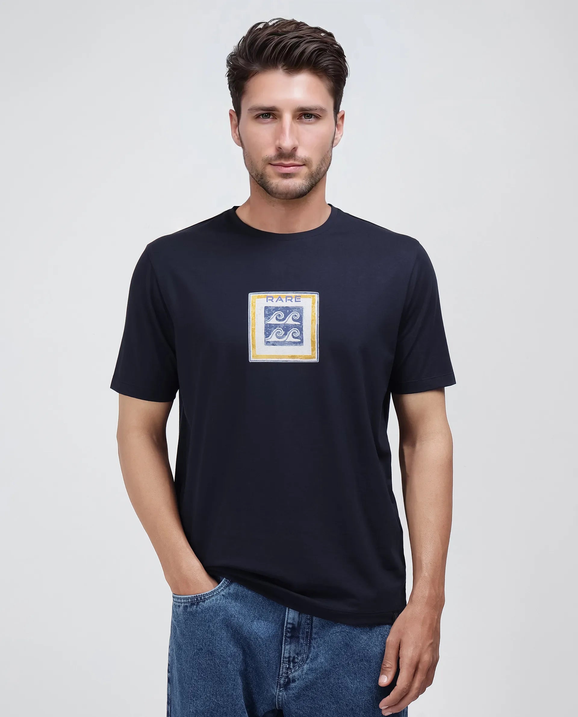 Rare Rabbit Men Rek Navy Cotton Lycra Fabric Short Sleeve Crew Neck Slip-On Oversized Fit Printed T-Shirt